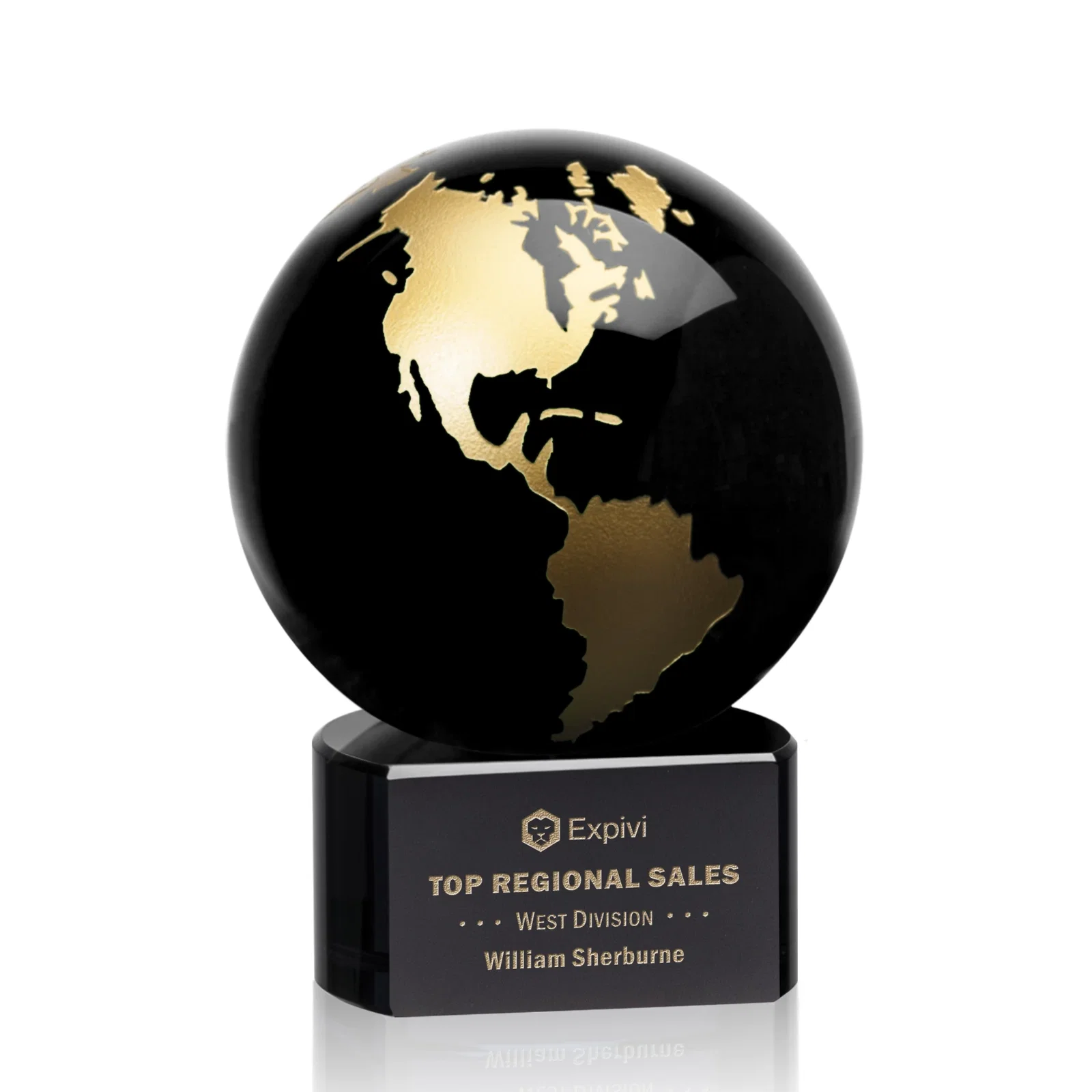 Custom Emerald Optical Crystal Globe Award on Hand Deep-Etched Matching Base for graduation ceremonies