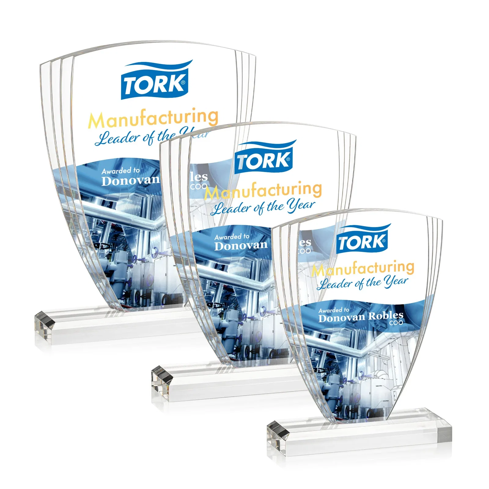 Custom Acrylic Shield Award With Triple-Stepped Wings for retirement presentations