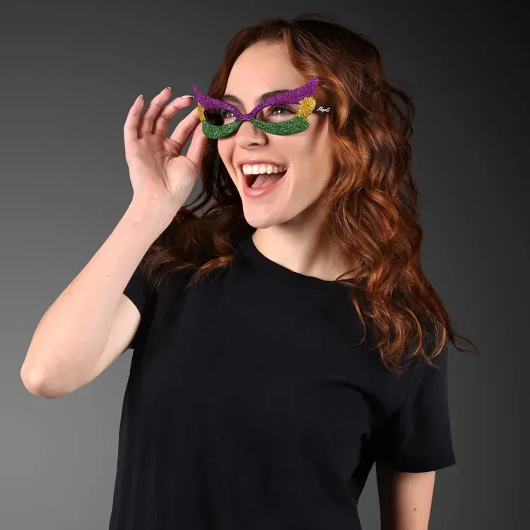 Mardi Gras Eyeglasses, Glitter Frames (NON-Light Up) being worn