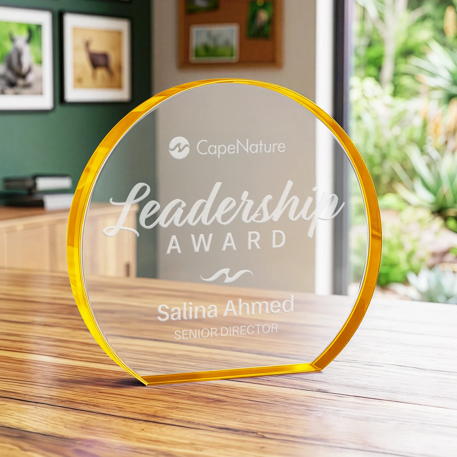 Personalized Starfire Crystal Hemisphere Award with a Polished Edge for corporate award ceremonies