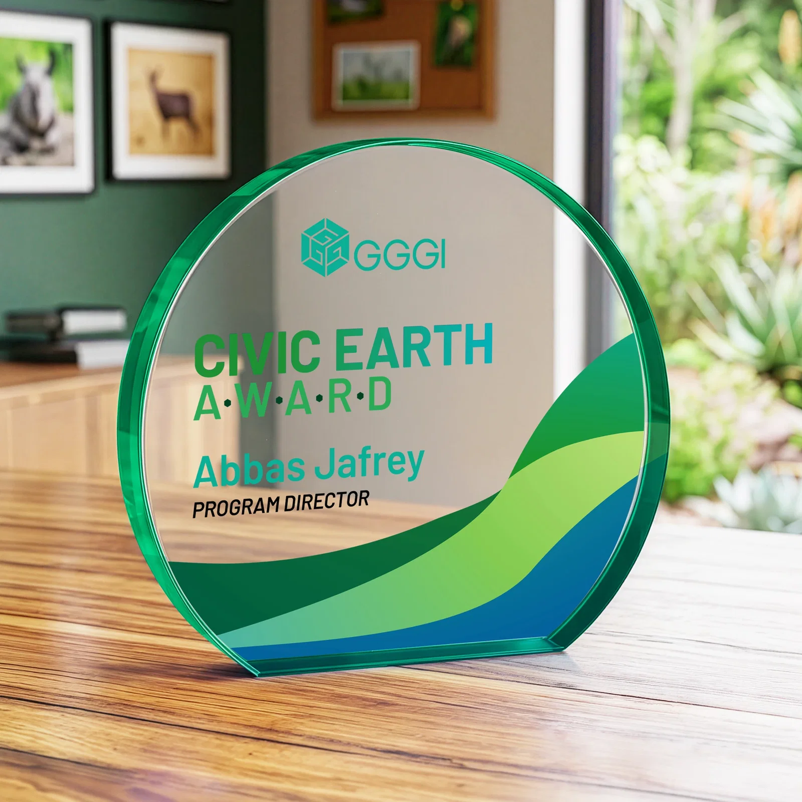 Custom printed Starfire Crystal Hemisphere Award with a Polished Edge for retirement presentations