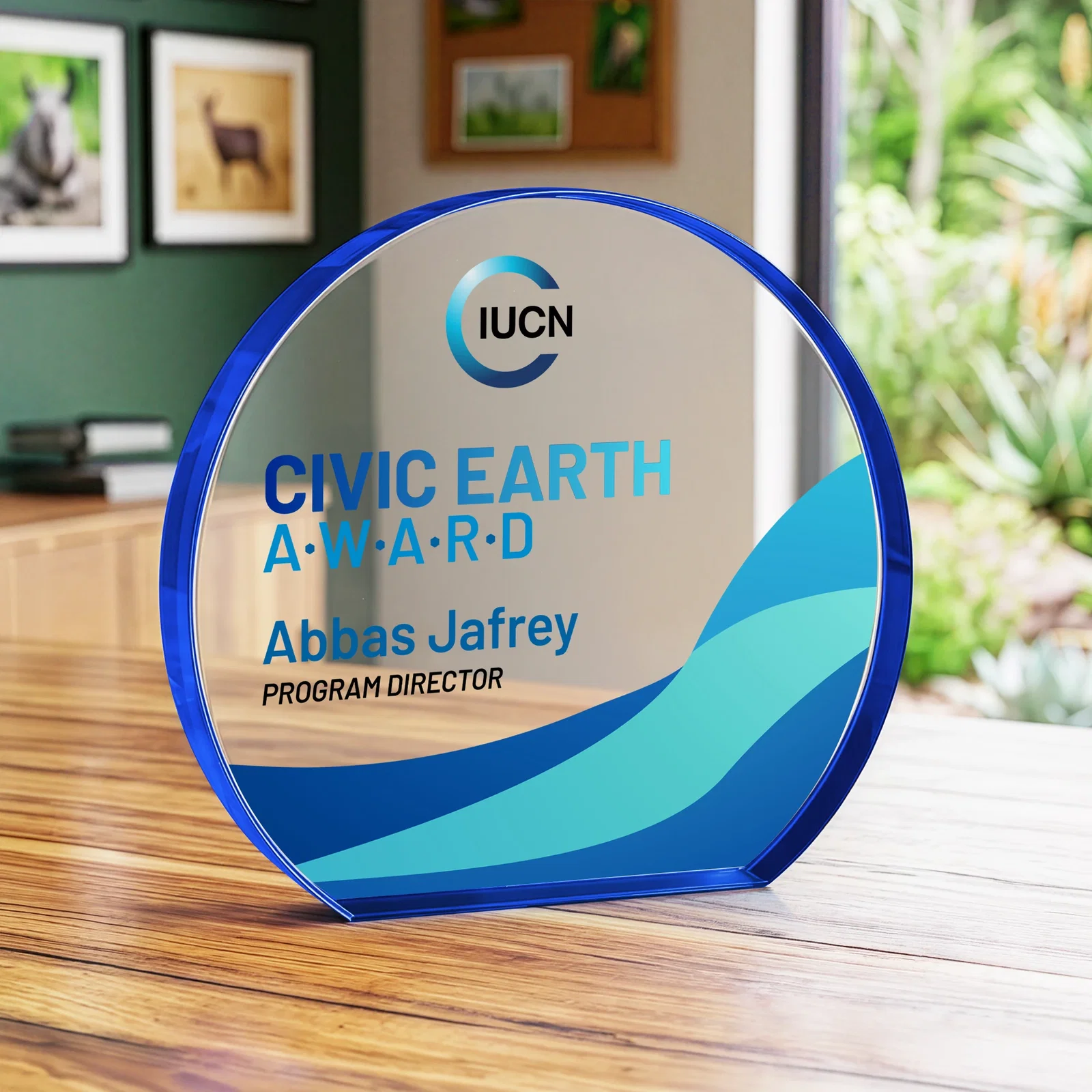 Custom printed Starfire Crystal Hemisphere Award with a Polished Edge for dealer and partner awards