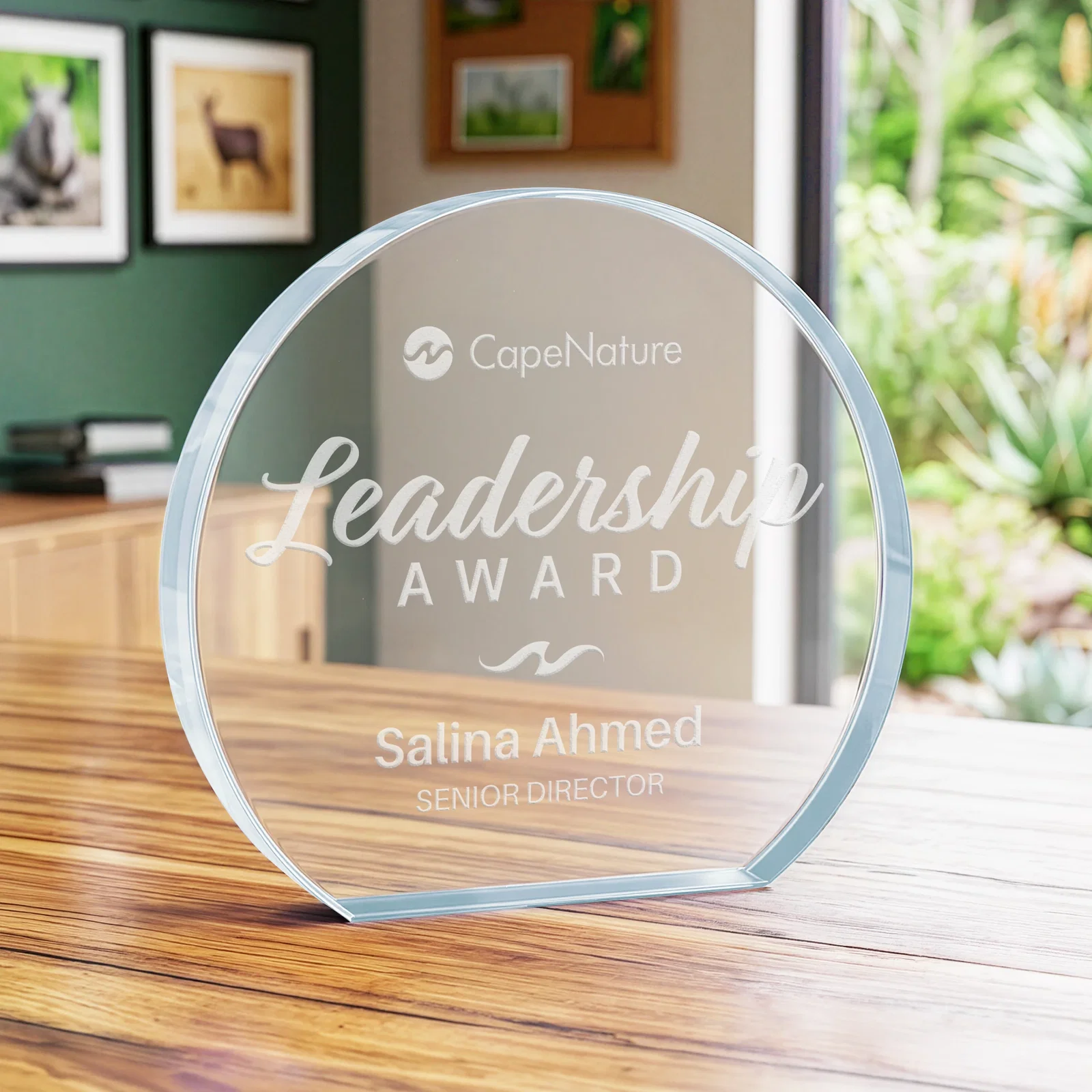 Custom Starfire Crystal Hemisphere Award with a Polished Edge for donor appreciation