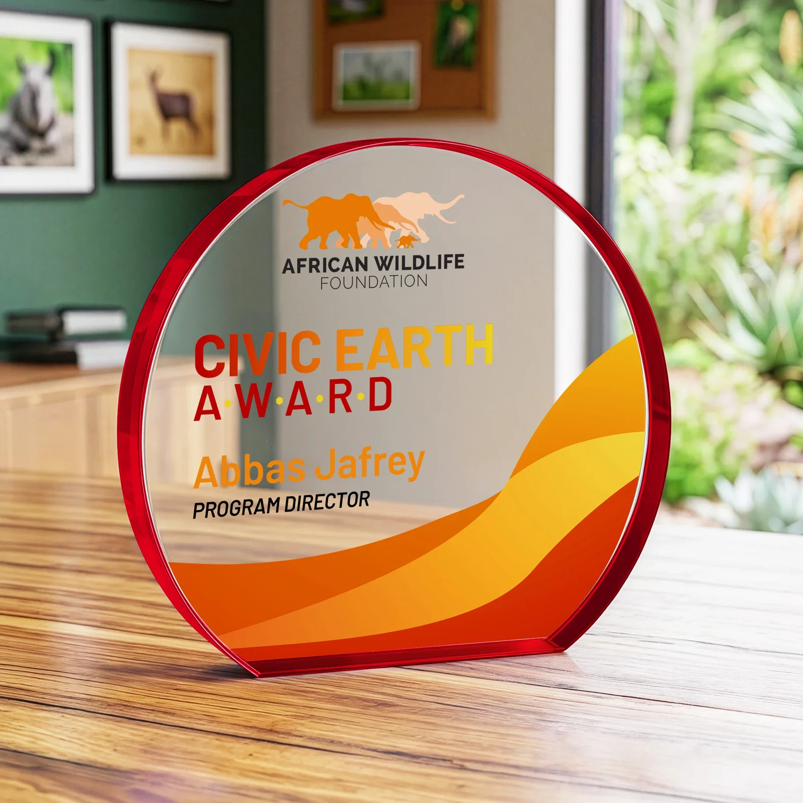 Customized Starfire Crystal Hemisphere Award with a Polished Edge for retirement presentations