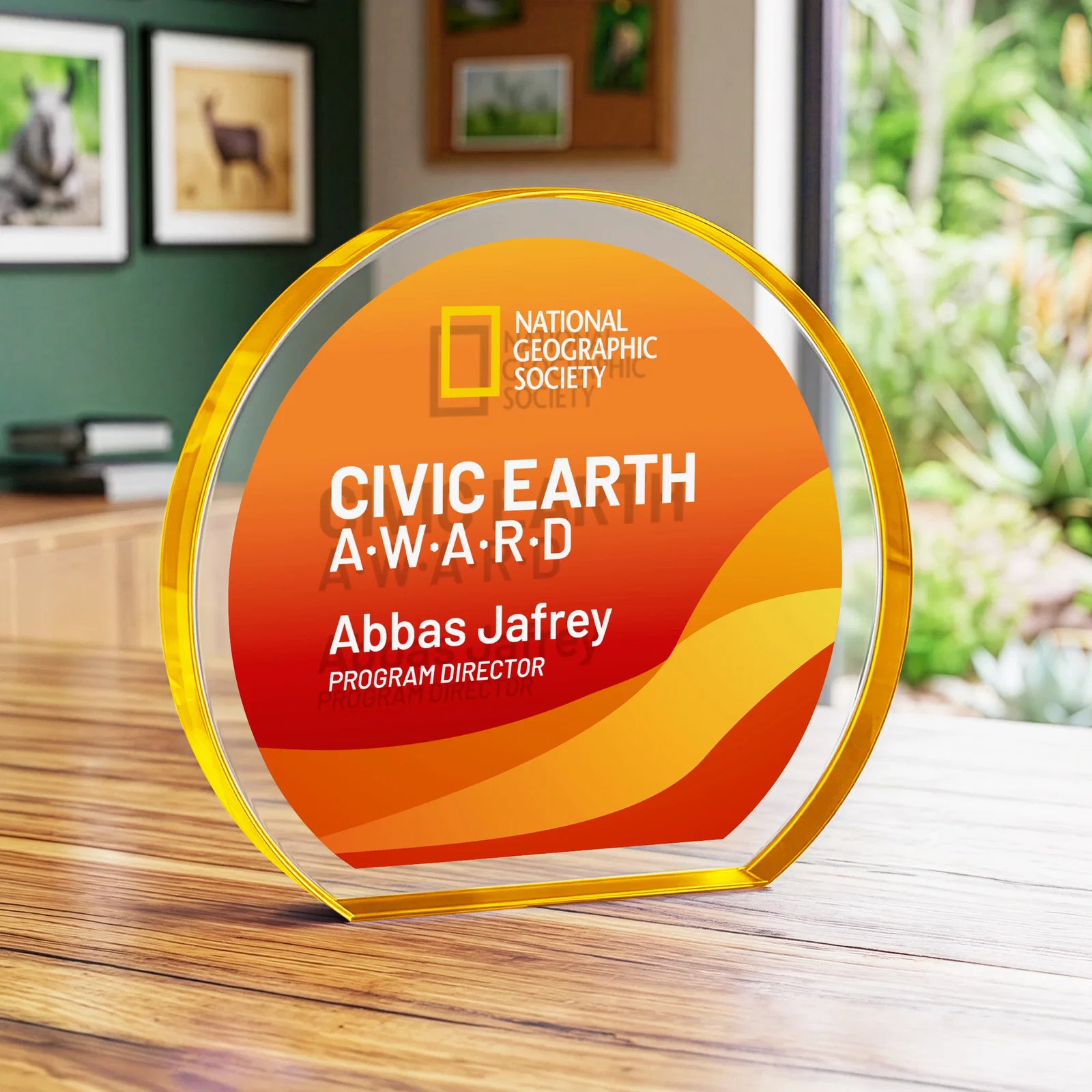 Custom engraved Starfire Crystal Hemisphere Award with a Polished Edge for retirement presentations