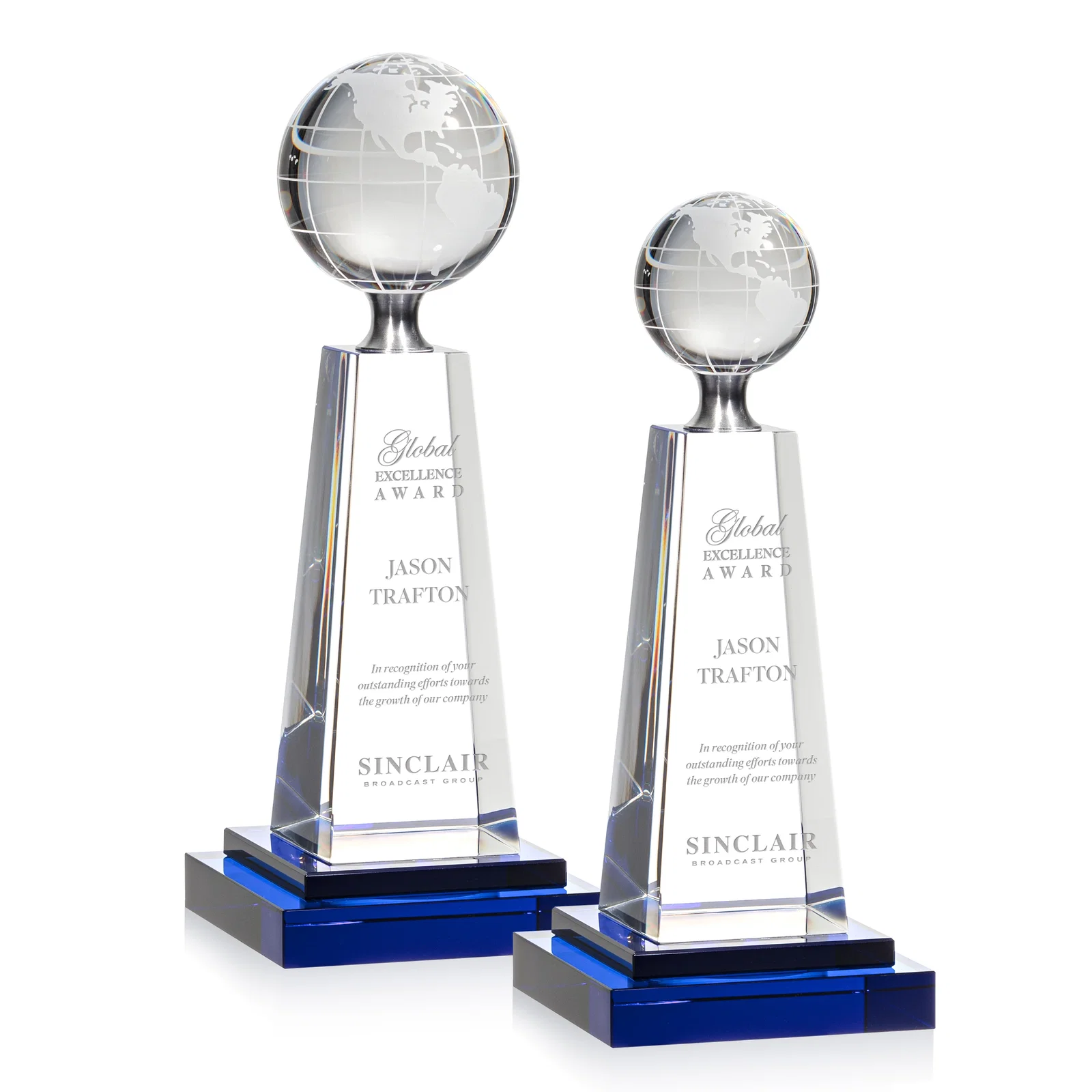 Custom Cobalt and Clear Crystal Globe Award on Silver Pedestal for employee recognition