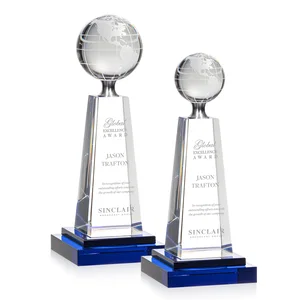 Cobalt and Clear Crystal Globe Award on Silver Pedestal