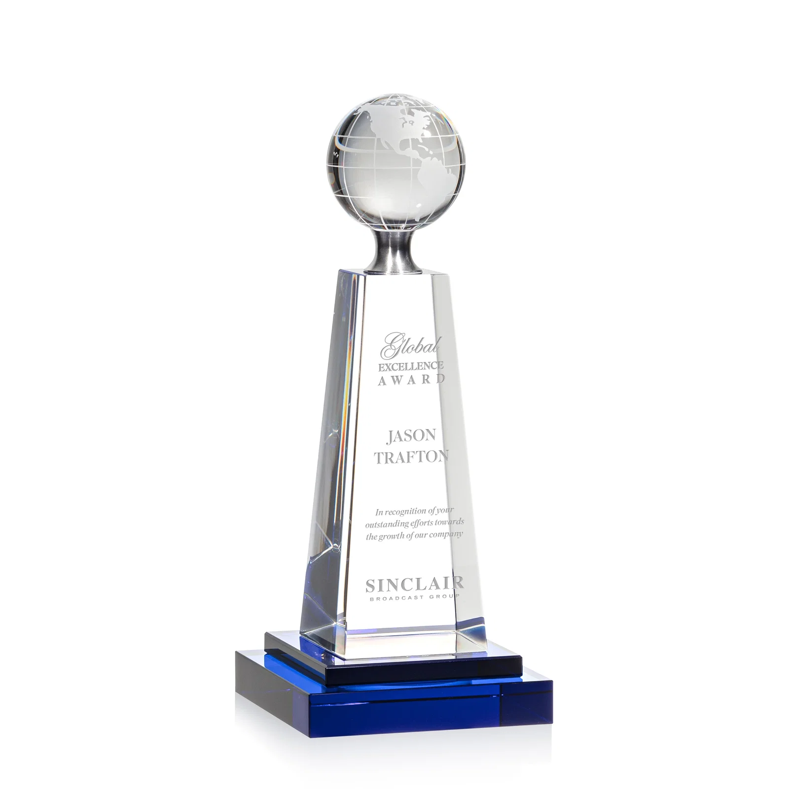 Custom Cobalt and Clear Crystal Globe Award on Silver Pedestal for corporate award ceremonies