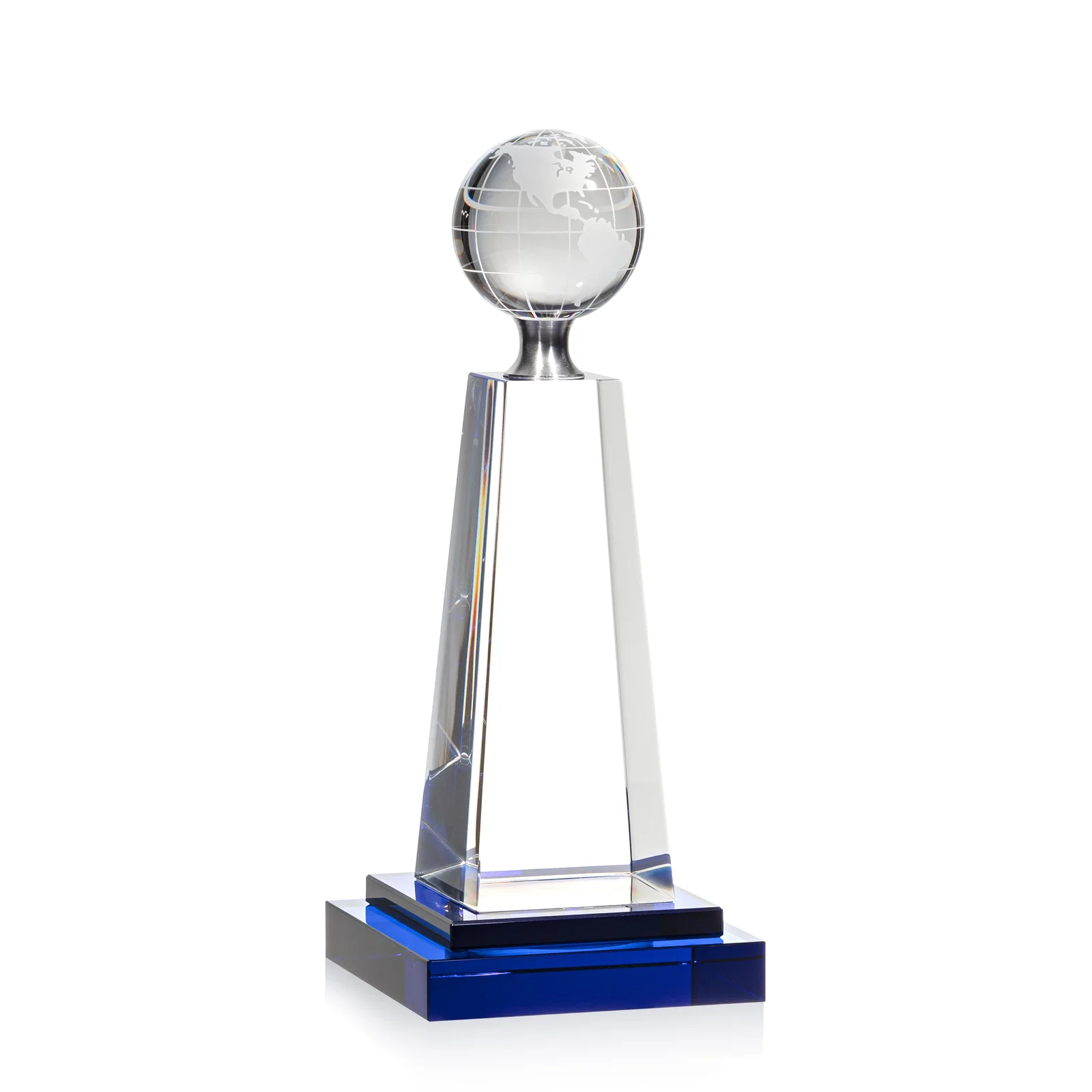 Custom Cobalt and Clear Crystal Globe Award on Silver Pedestal for retirement presentations