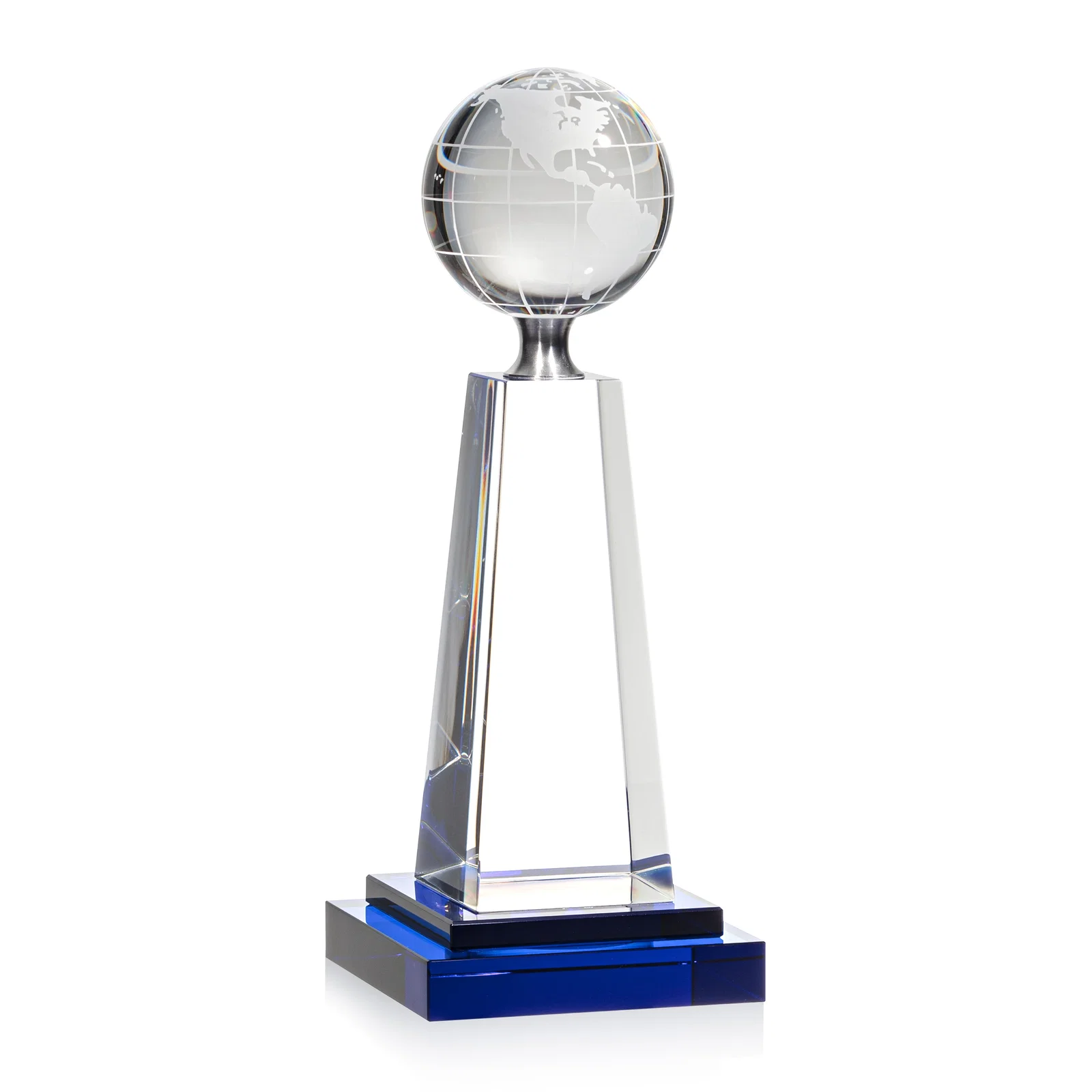 Custom Cobalt and Clear Crystal Globe Award on Silver Pedestal for team milestone celebrations