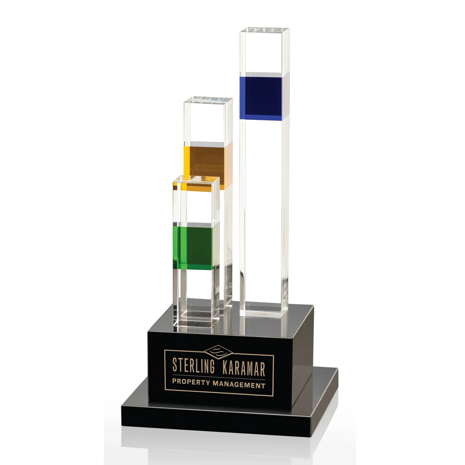 Custom Multi-Color Optical Crystal Pillar Award on Black Base, awards for employee recognition
