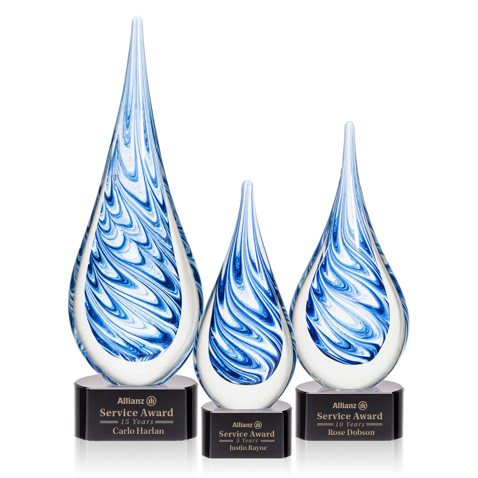 Custom Blue and White Swirl Glass Teardrop Award, Five Color Choices for employee recognition