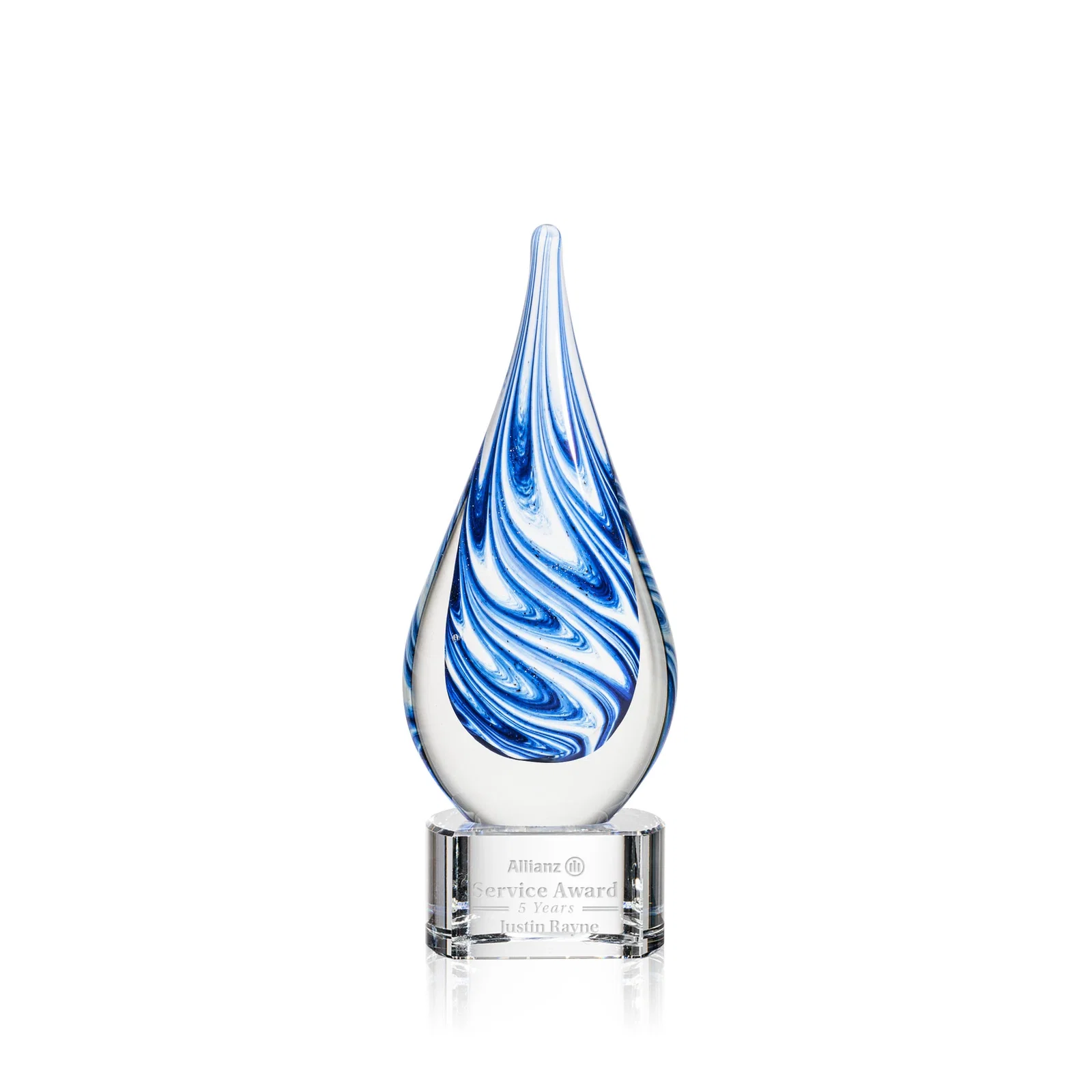 Custom Blue and White Swirl Glass Teardrop Award, Five Color Choices for volunteer appreciation