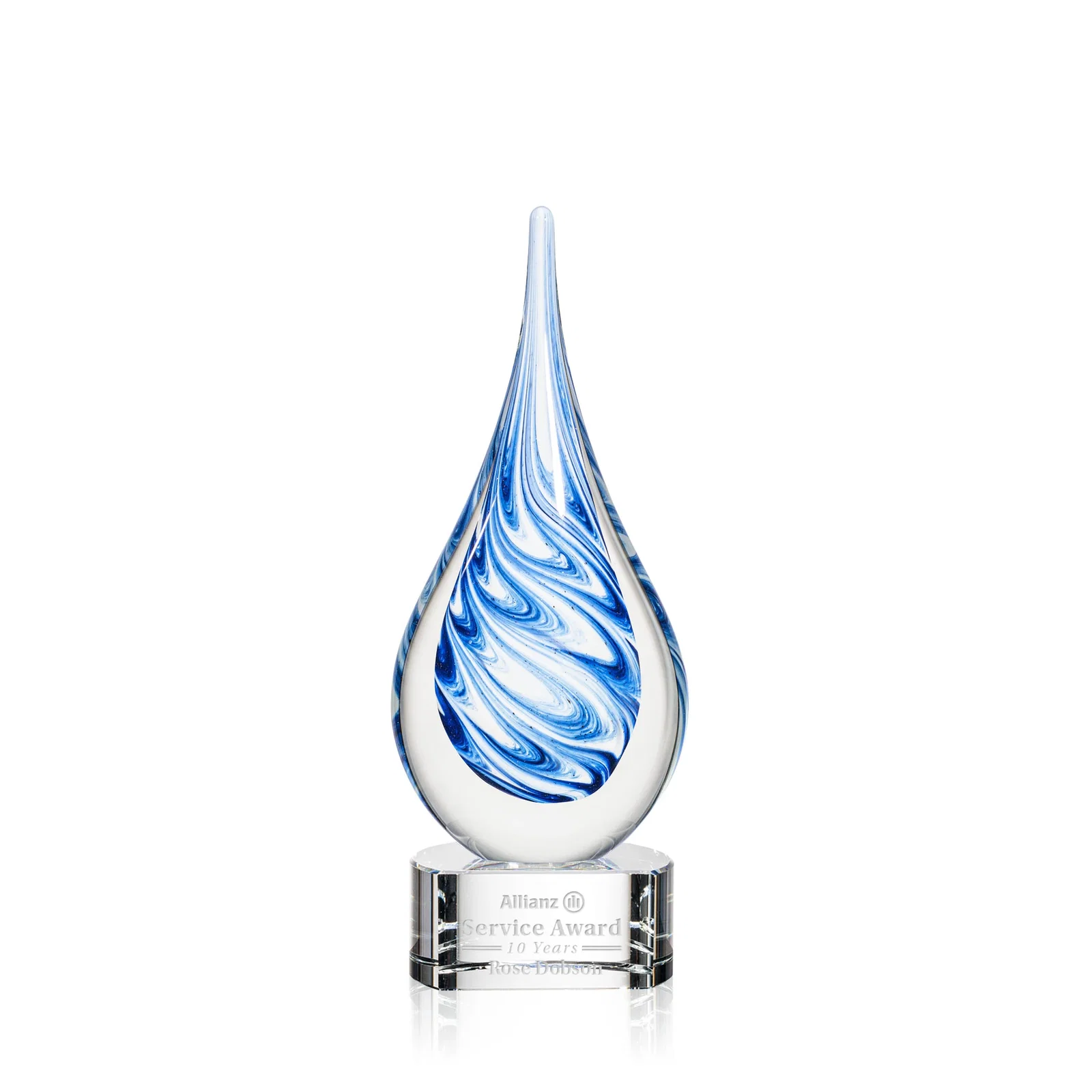 Custom Blue and White Swirl Glass Teardrop Award, Five Color Choices for dealer and partner awards