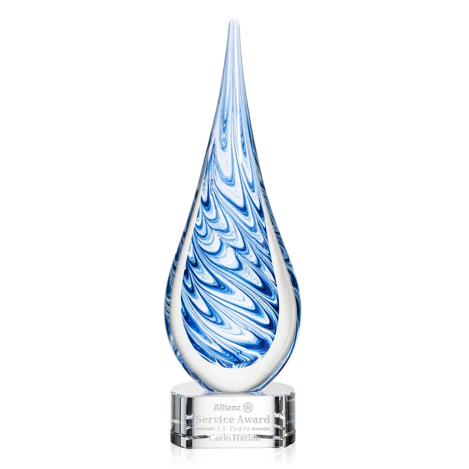 Custom Blue and White Swirl Glass Teardrop Award, Five Color Choices for company anniversary events