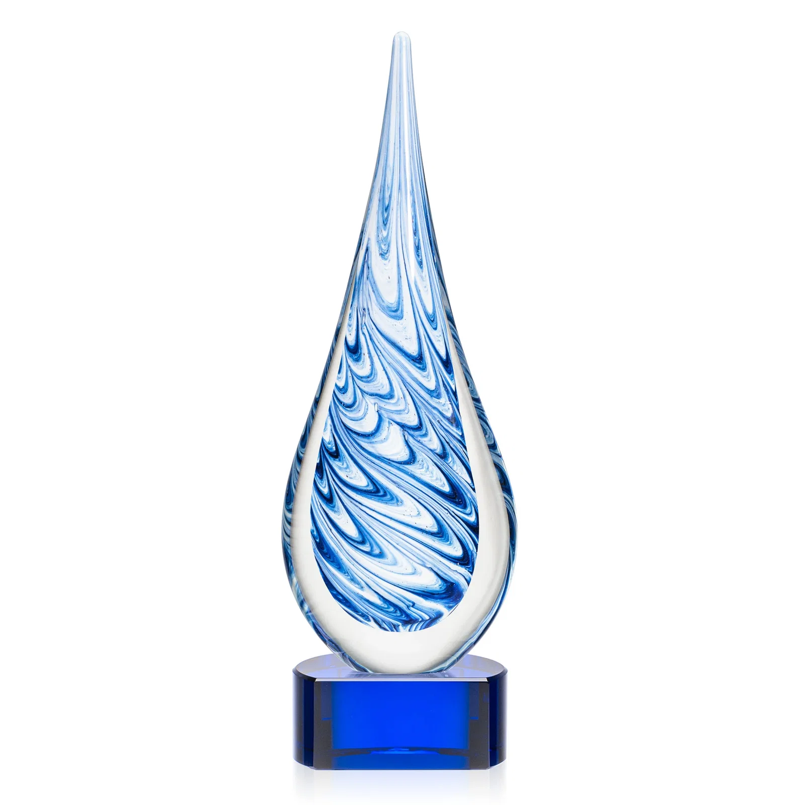 Personalized Blue and White Swirl Glass Teardrop Award, Five Color Choices for team milestone celebrations