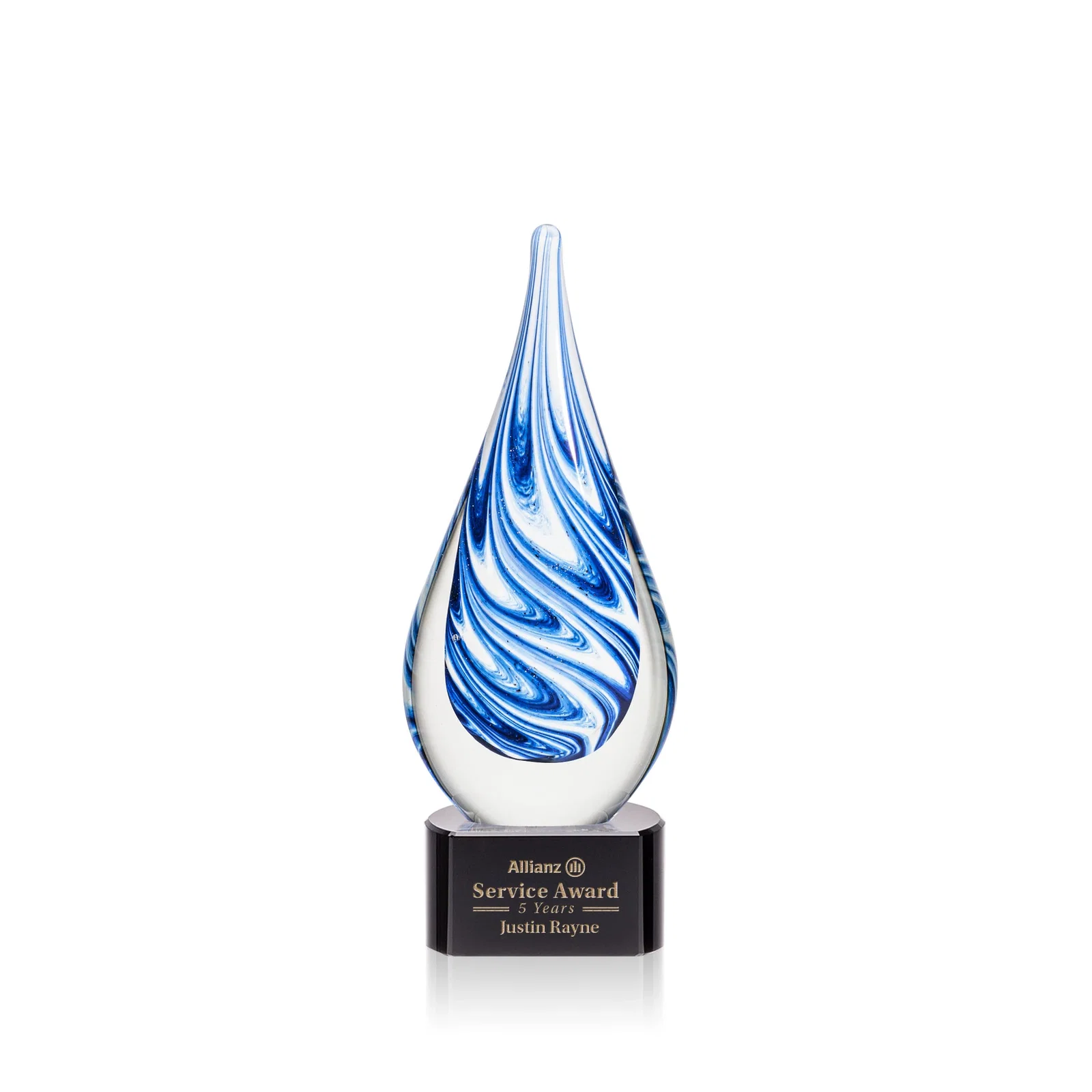 Custom Blue and White Swirl Glass Teardrop Award, Five Color Choices for corporate award ceremonies
