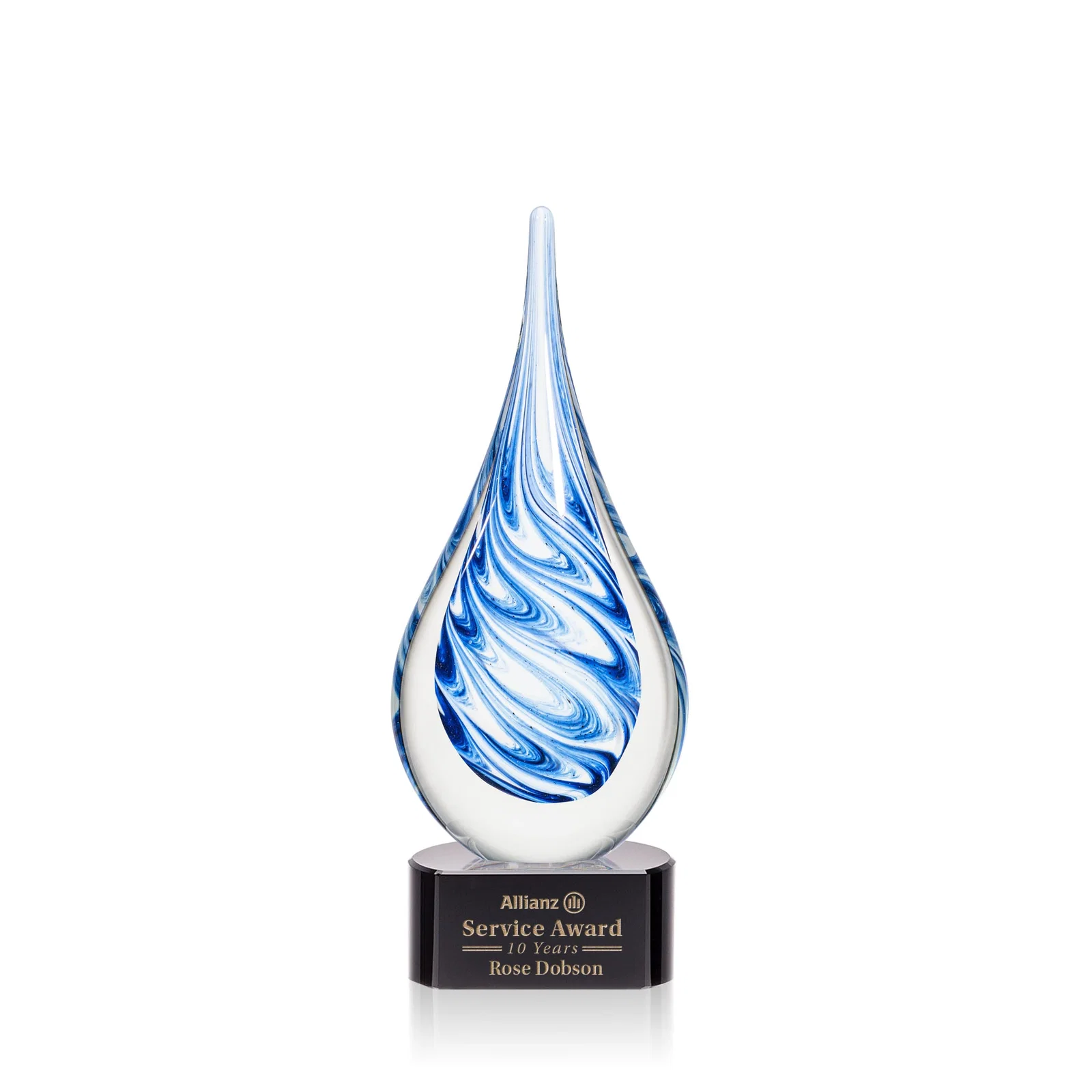 Custom Blue and White Swirl Glass Teardrop Award, Five Color Choices for service anniversary gifts