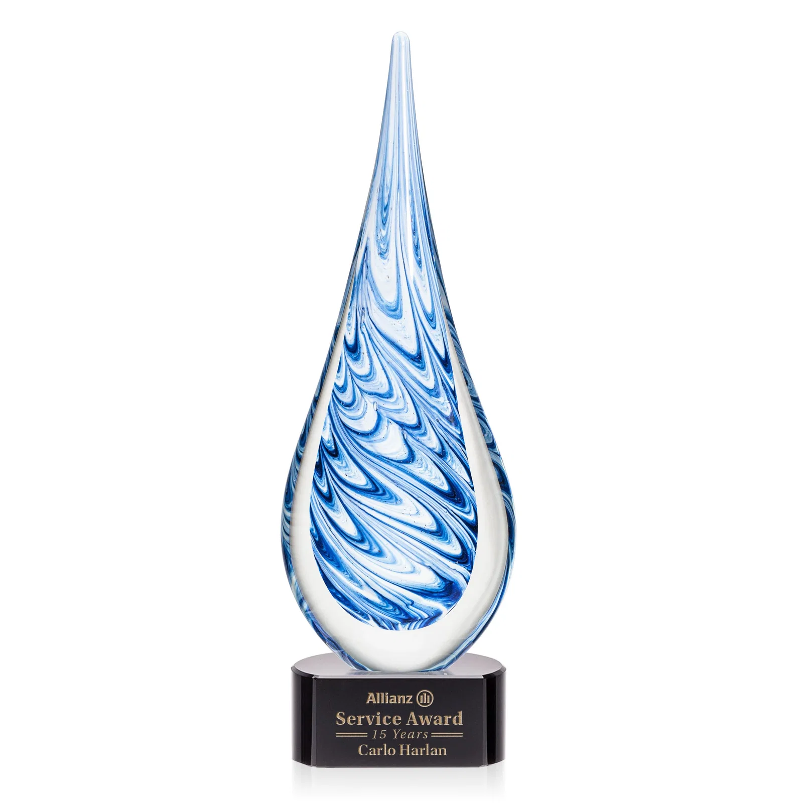 Custom Blue and White Swirl Glass Teardrop Award, Five Color Choices for sales achievement awards