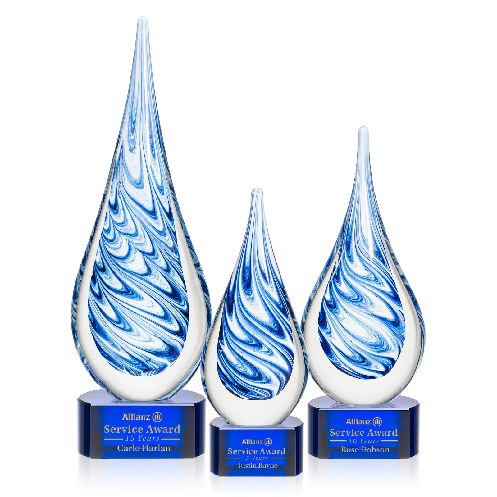 Custom Blue and White Swirl Glass Teardrop Award, Five Color Choices for retirement presentations