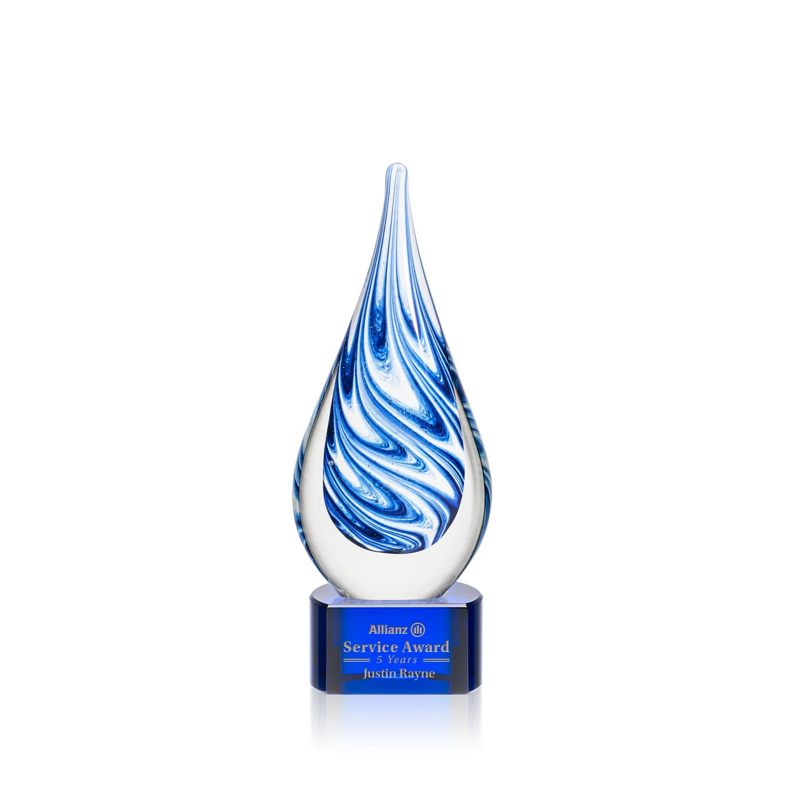 Custom Blue and White Swirl Glass Teardrop Award, Five Color Choices for team milestone celebrations