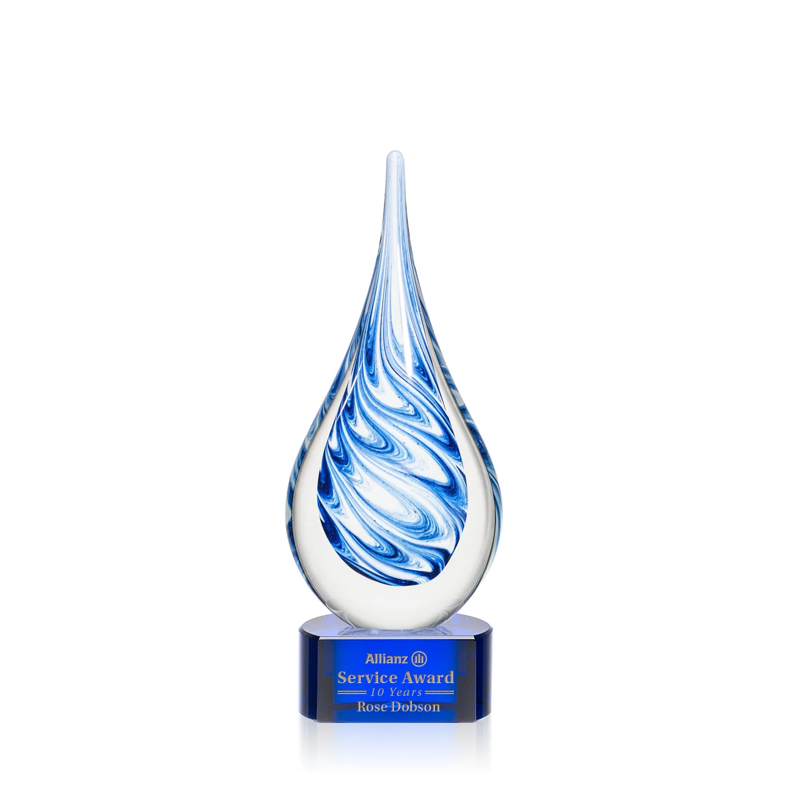 Custom Blue and White Swirl Glass Teardrop Award, Five Color Choices for donor appreciation