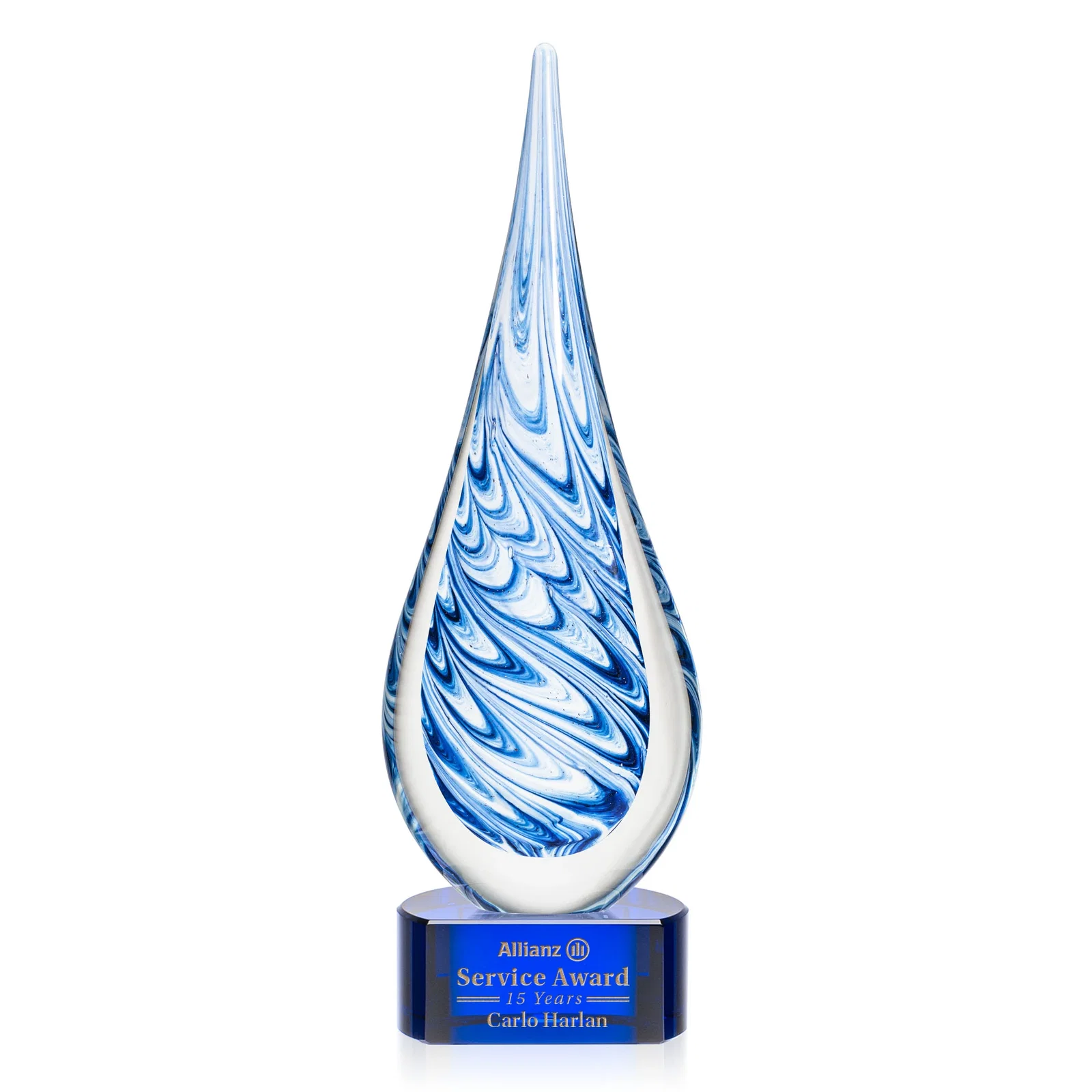 Custom Blue and White Swirl Glass Teardrop Award, Five Color Choices for graduation ceremonies