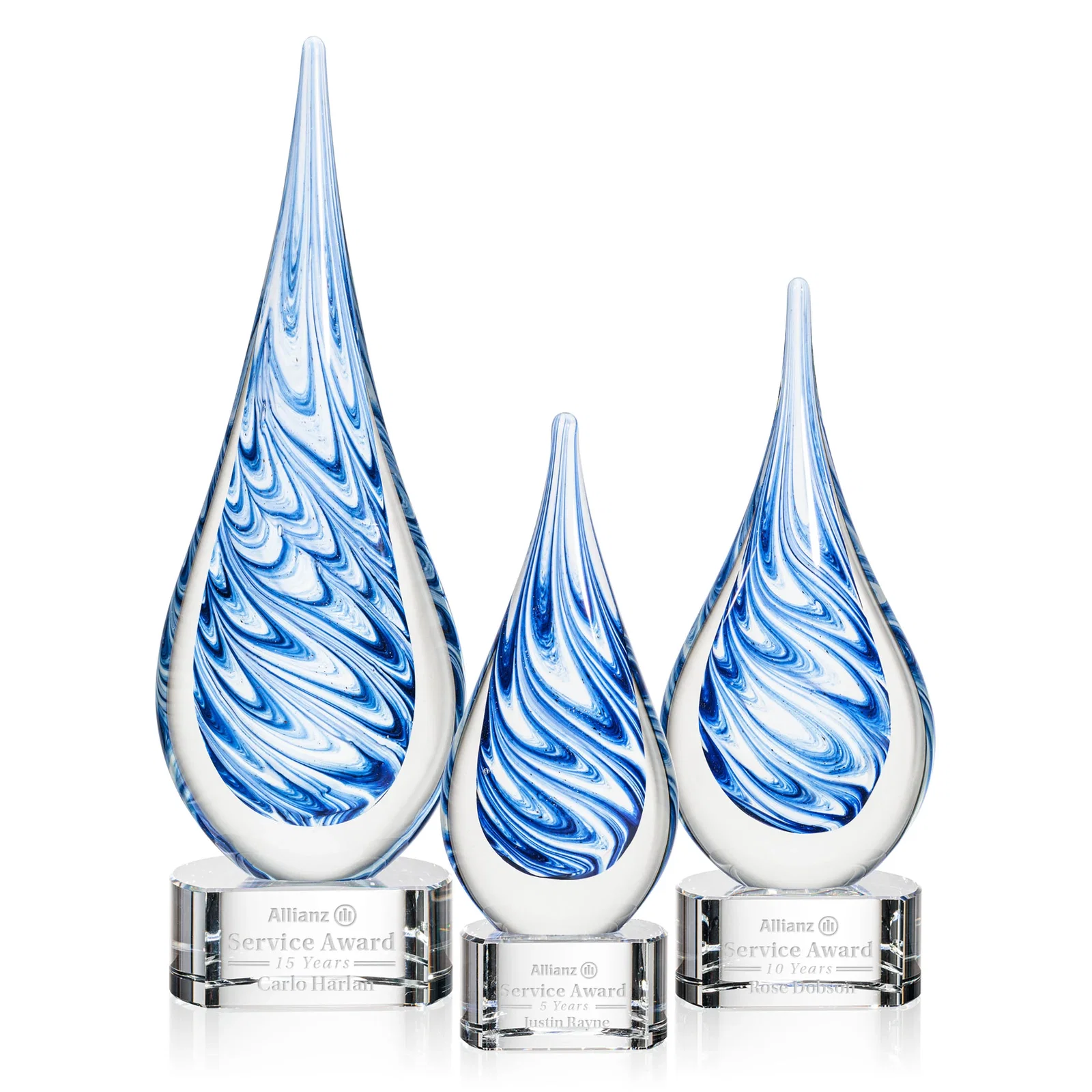 Custom Blue and White Swirl Glass Teardrop Award, Five Color Choices for safety achievement programs
