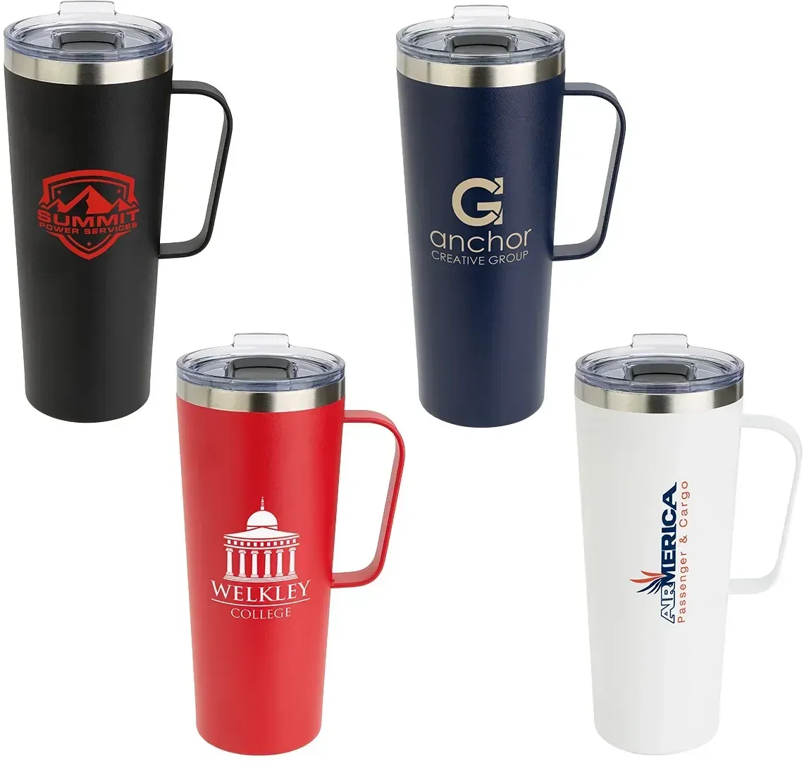 Maroni copper-lined 28 oz steel mug, custom branded promotional stainless steel drinkware, front view