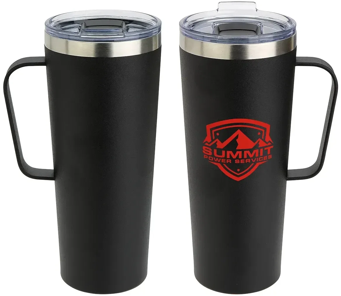 Custom logo Maroni 28 oz steel mug, welded handle close-up