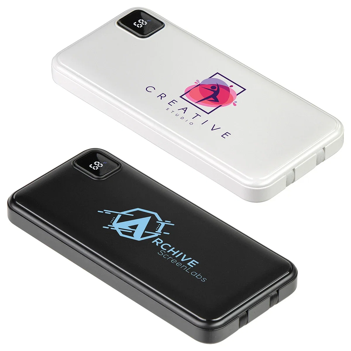 Custom Marquis 10000mAh Power Bank, front view of the branded power bank with built-in cables
