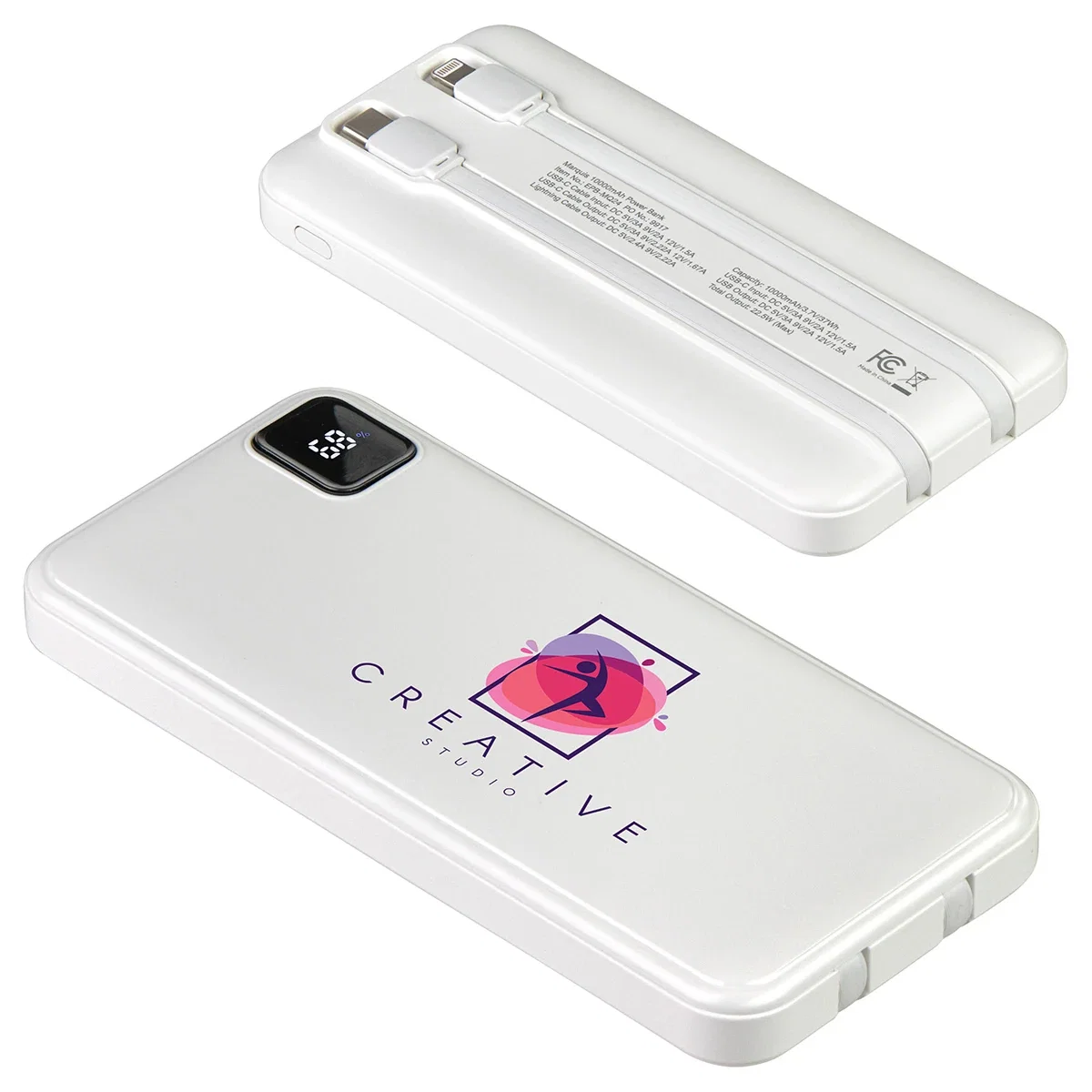 Close-up of the custom Marquis Power Bank's logo imprint area