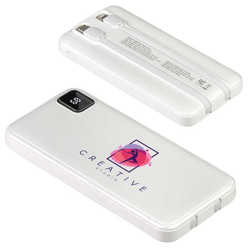 Close-up of the custom Marquis Power Bank's logo imprint area