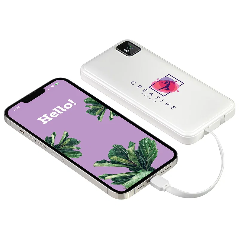 Angled view of the branded Marquis 10000mAh Power Bank