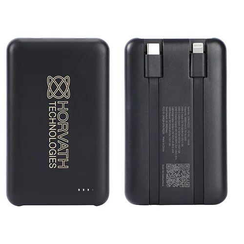 Marquis promotional logo power bank showing built-in USB-C and Lightning cables