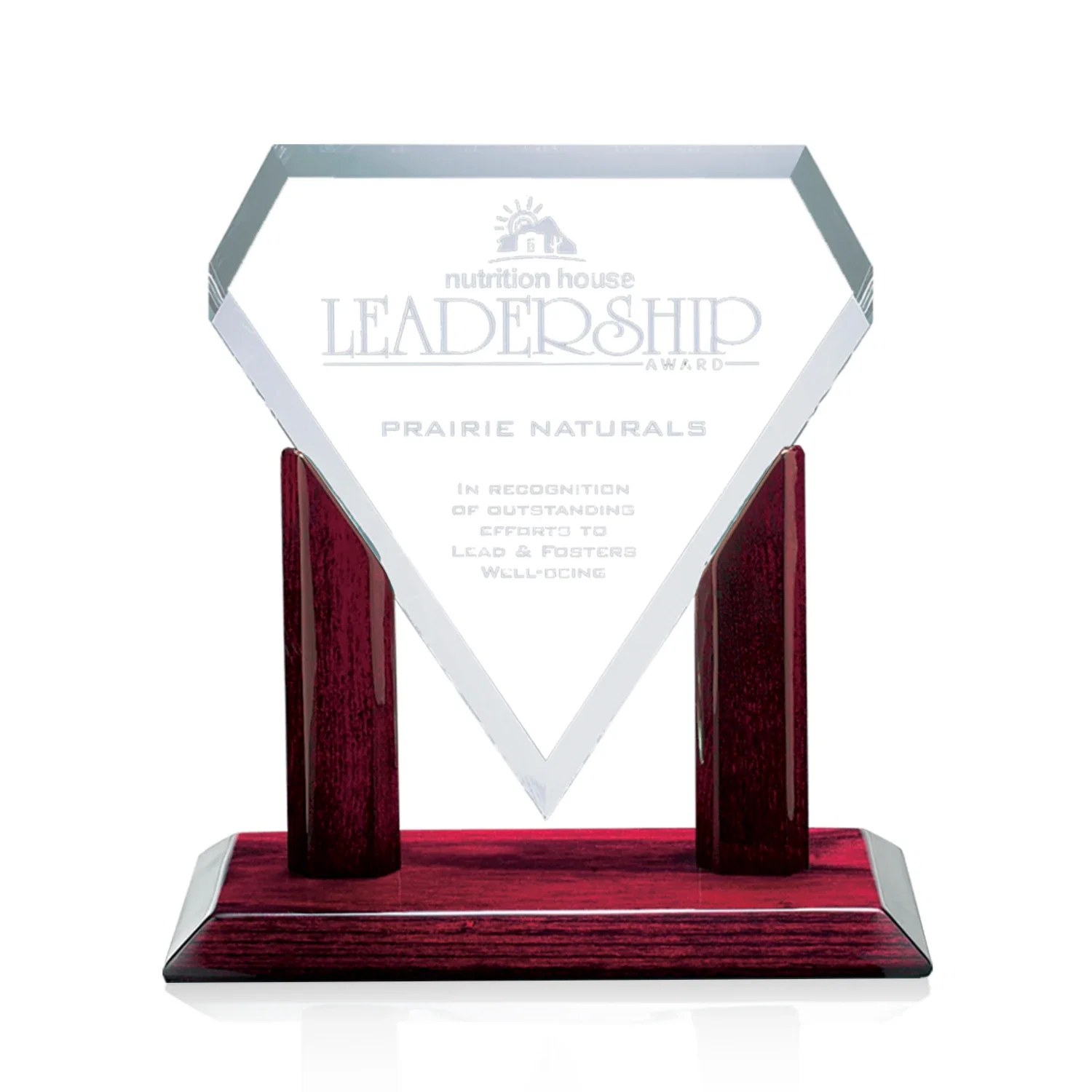 Custom Starfire Crystal Gemstone Award on Rosewood Piano-Finish Base for corporate award ceremonies
