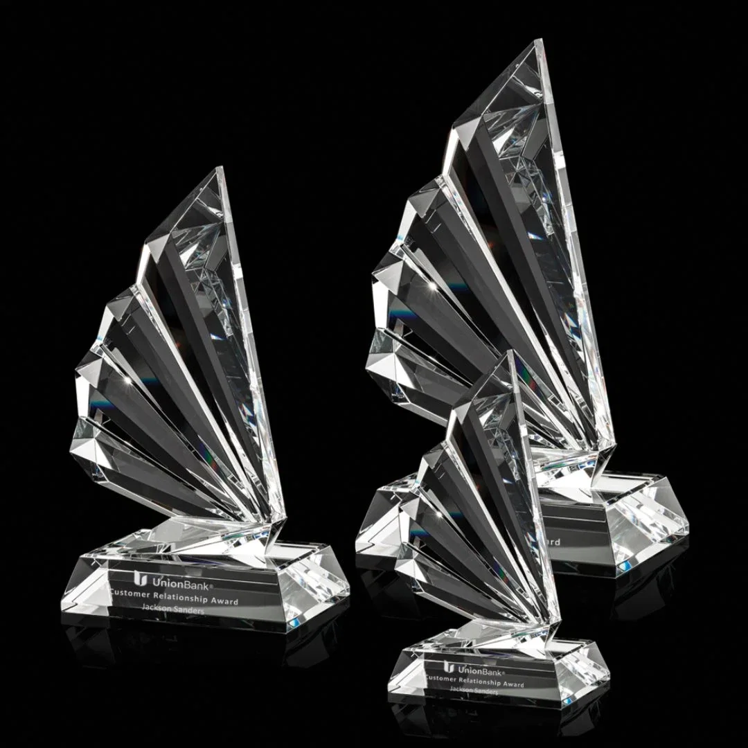 Custom Optical Crystal Wing Award With a Multi-Part Faceted Assembly, awards for employee recognition