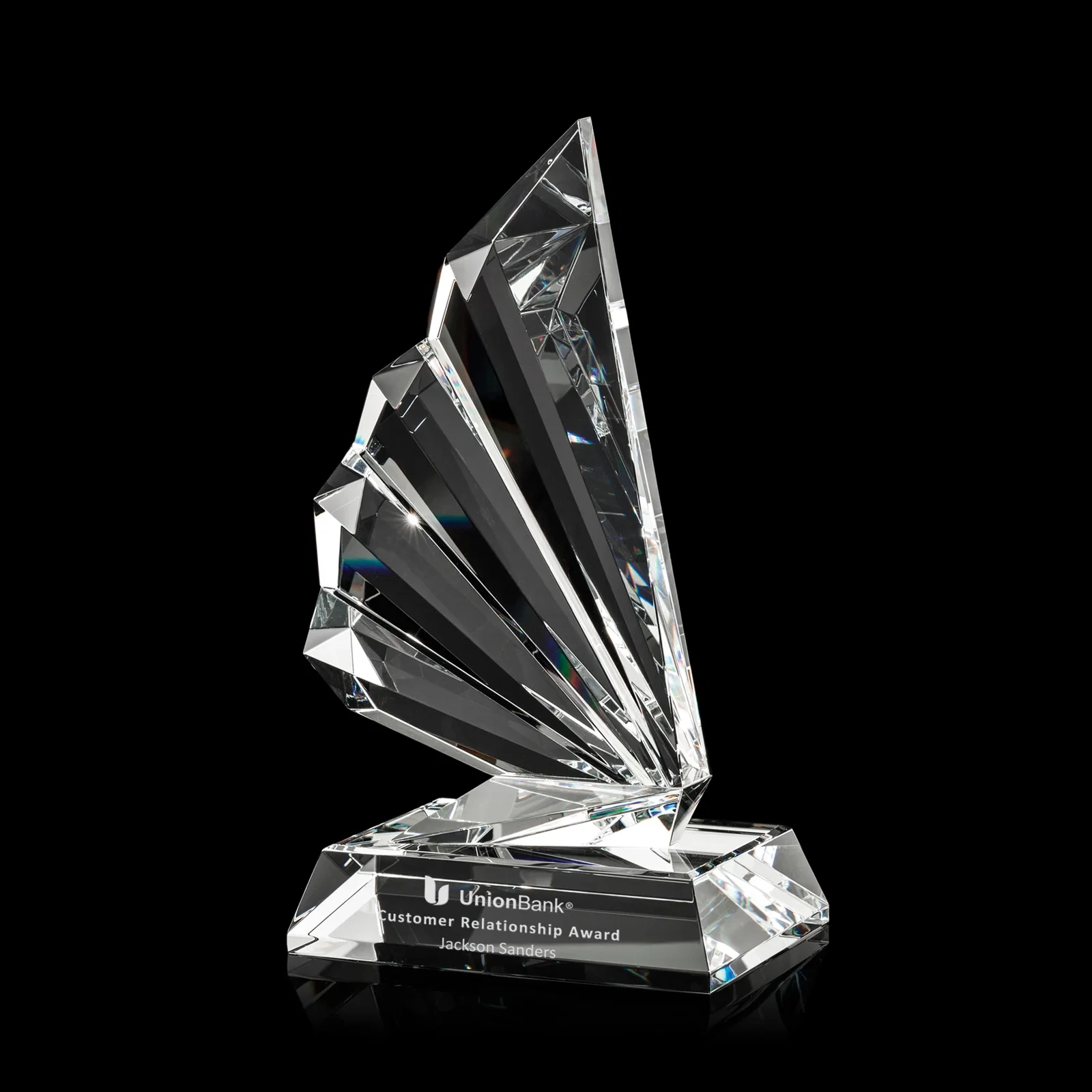 Custom Optical Crystal Wing Award With a Multi-Part Faceted Assembly, awards for corporate award ceremonies
