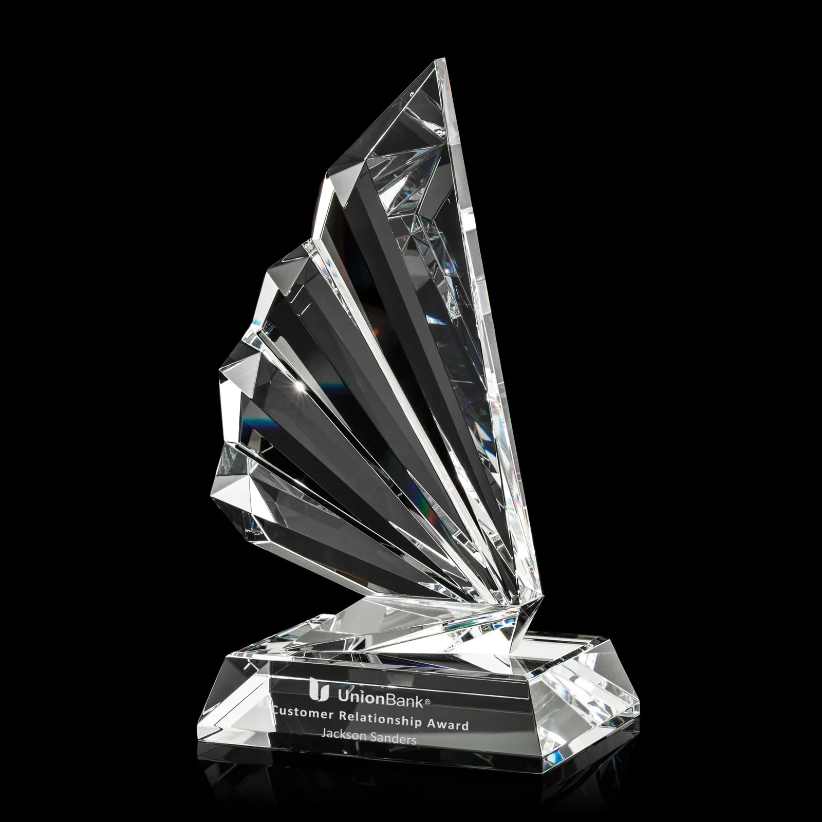 Custom Optical Crystal Wing Award With a Multi-Part Faceted Assembly, awards for sales achievement awards