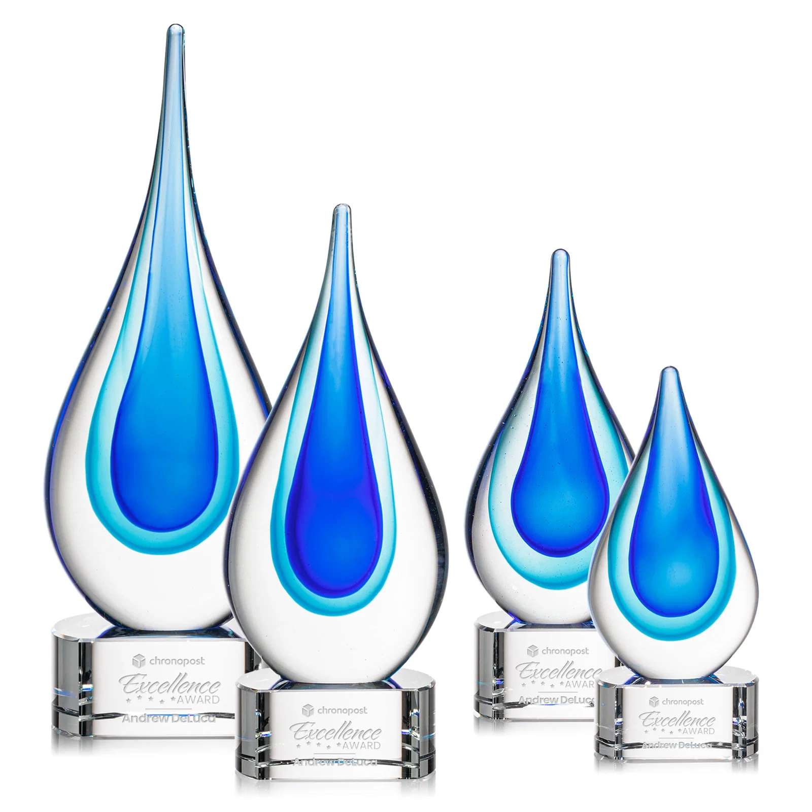 Custom Clear Glass Teardrop Award With Blue Hues, Paragon Base for employee recognition