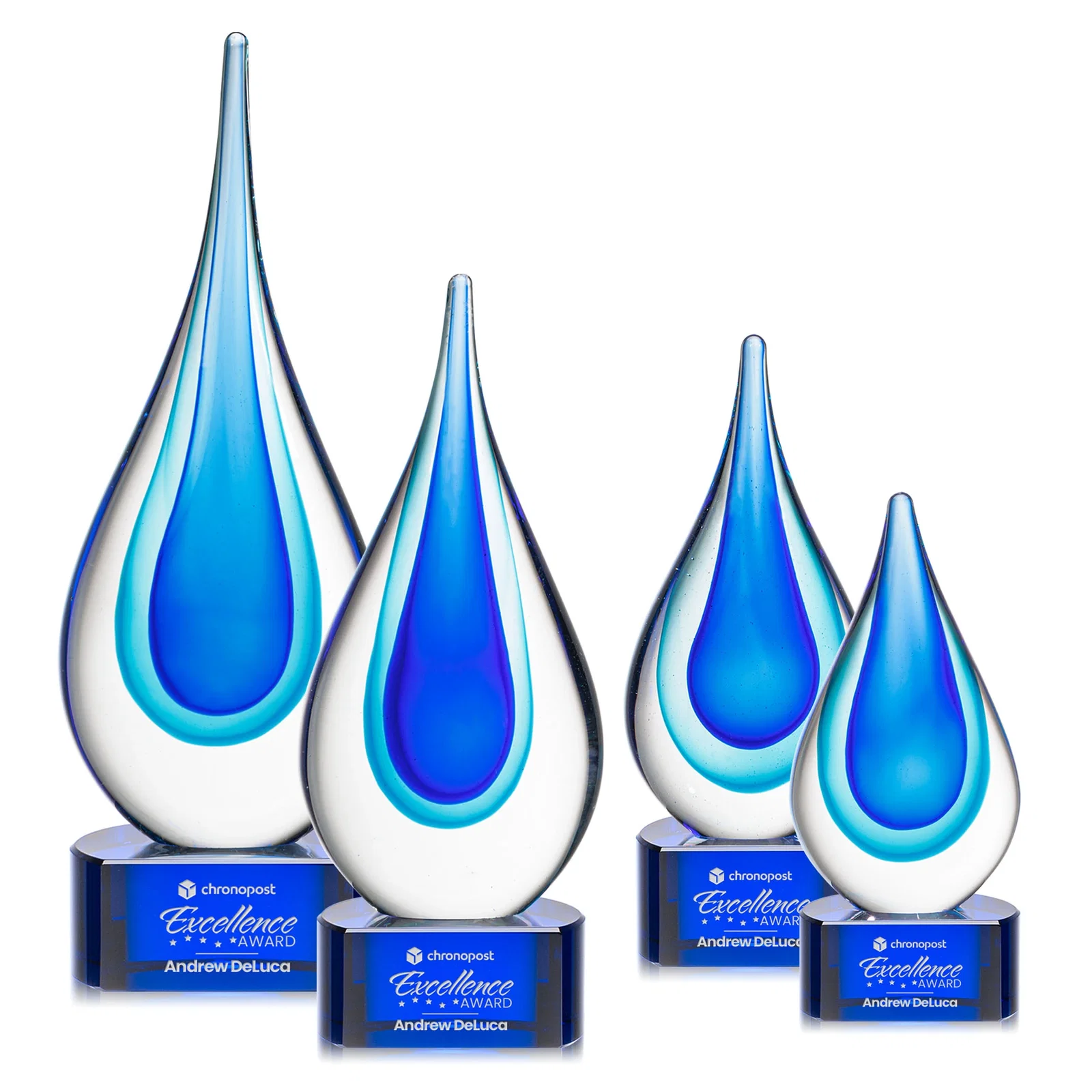 Custom Clear Glass Teardrop Award With Blue Hues, Paragon Base for dealer and partner awards