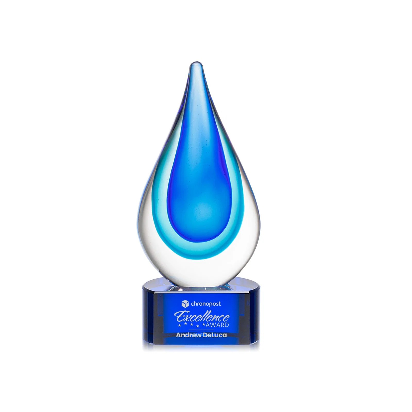 Custom Clear Glass Teardrop Award With Blue Hues, Paragon Base for company anniversary events