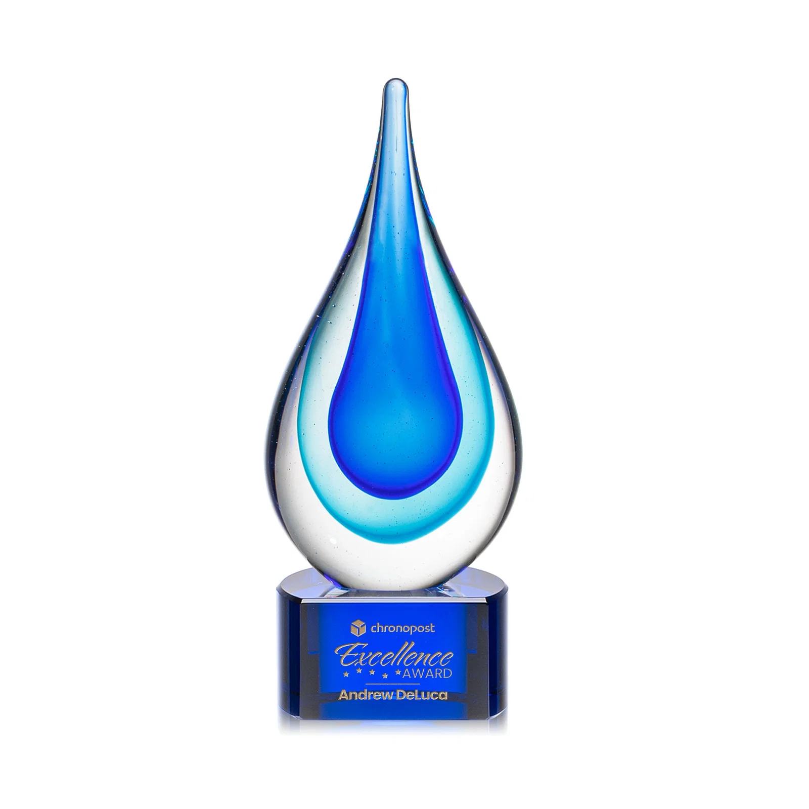 Personalized Clear Glass Teardrop Award With Blue Hues, Paragon Base for employee recognition