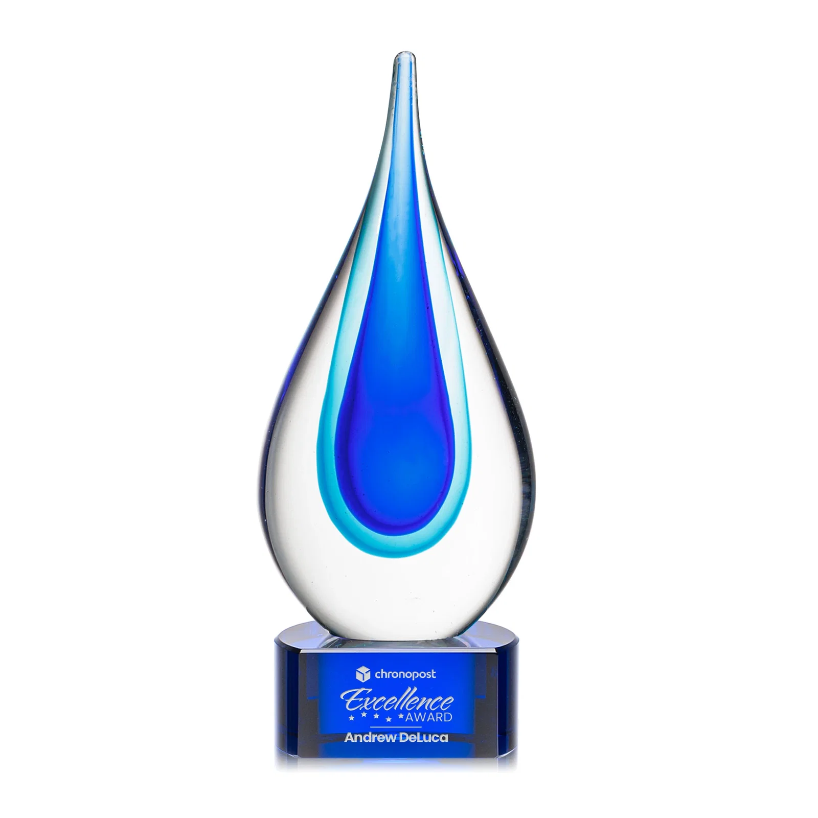 Personalized Clear Glass Teardrop Award With Blue Hues, Paragon Base for corporate award ceremonies