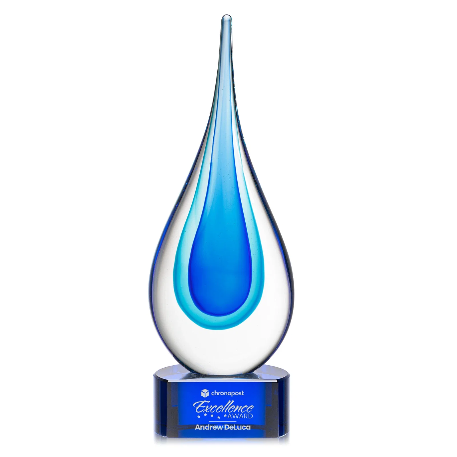 Personalized Clear Glass Teardrop Award With Blue Hues, Paragon Base for service anniversary gifts