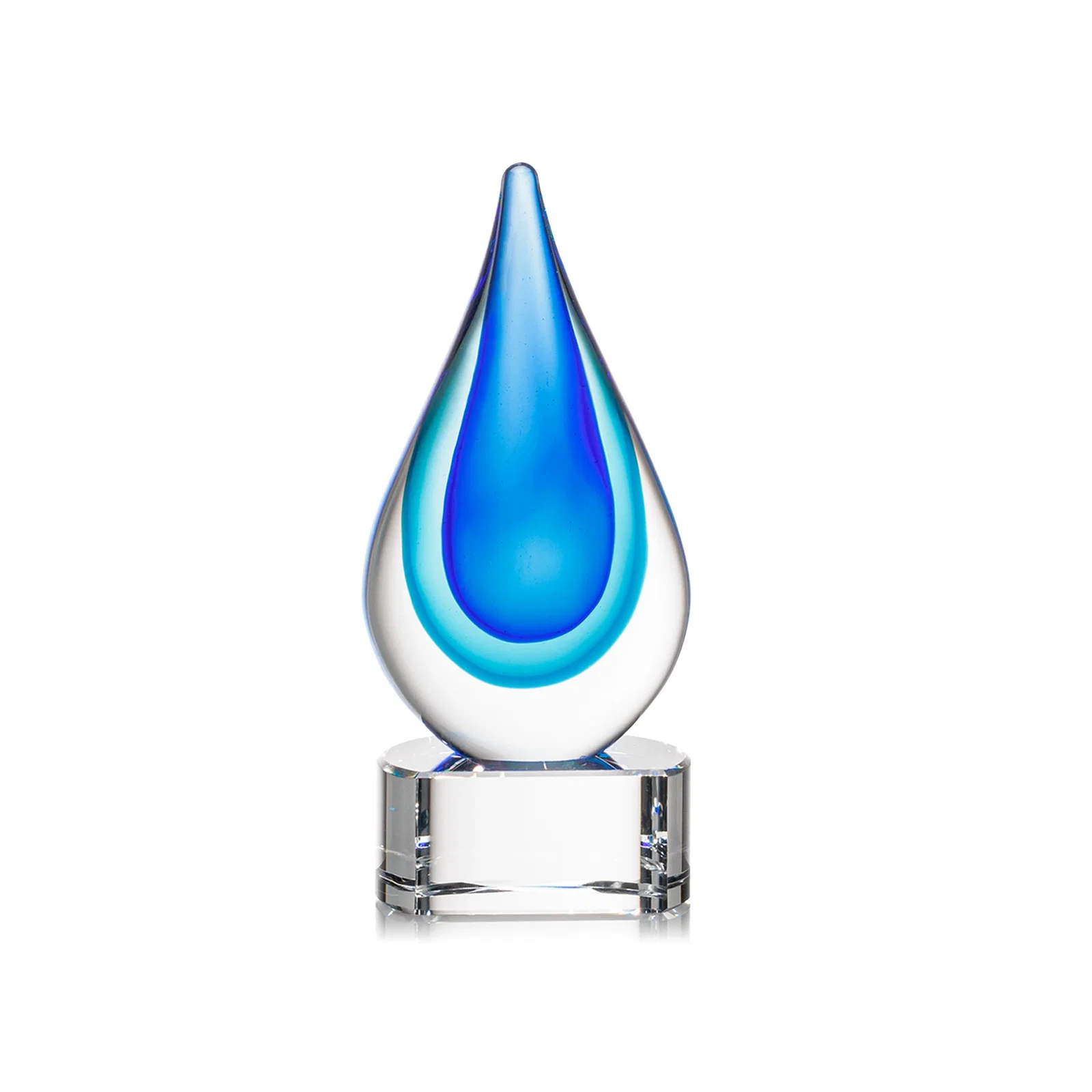 Personalized Clear Glass Teardrop Award With Blue Hues, Paragon Base for sales achievement awards