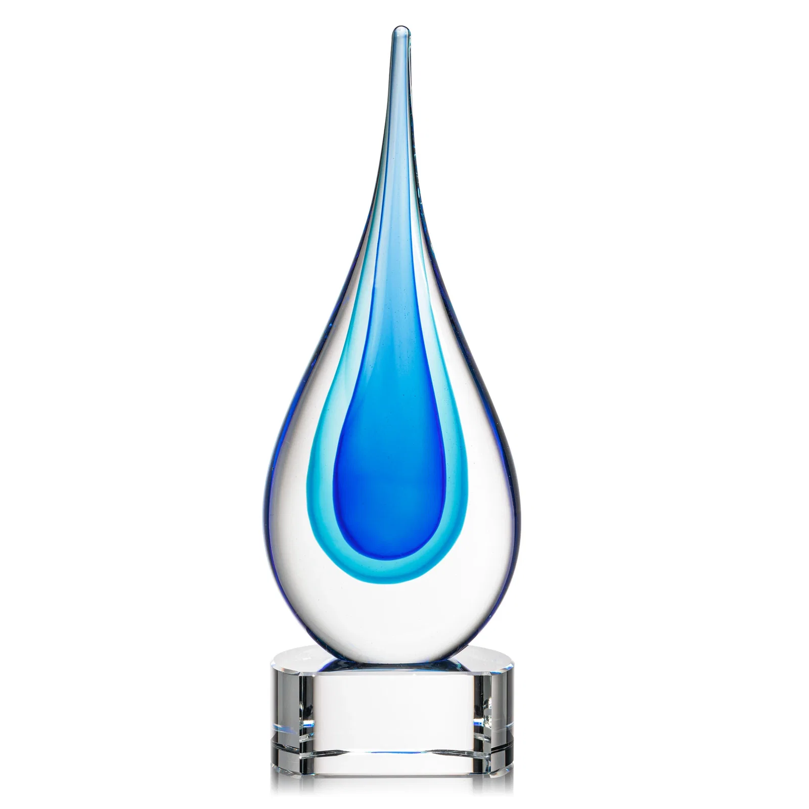 Personalized Clear Glass Teardrop Award With Blue Hues, Paragon Base for donor appreciation