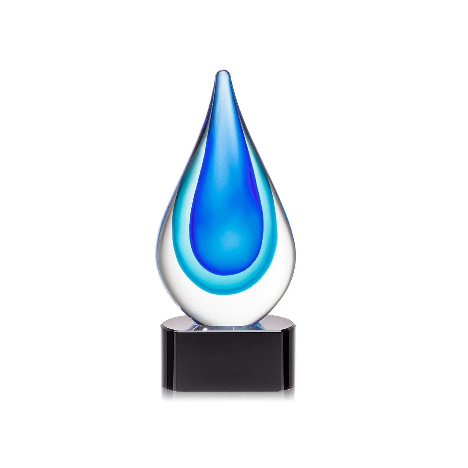 Personalized Clear Glass Teardrop Award With Blue Hues, Paragon Base for graduation ceremonies