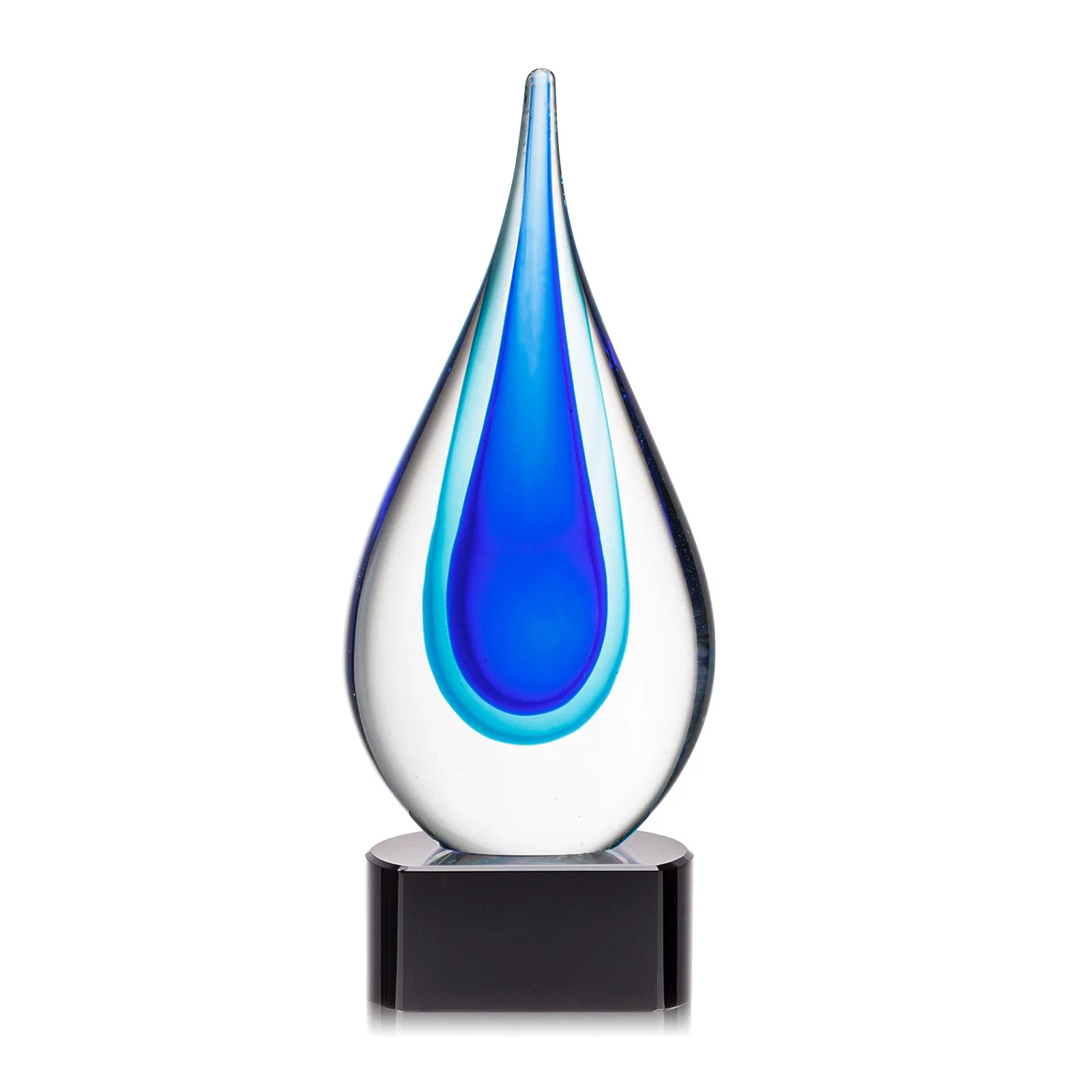 Personalized Clear Glass Teardrop Award With Blue Hues, Paragon Base for volunteer appreciation
