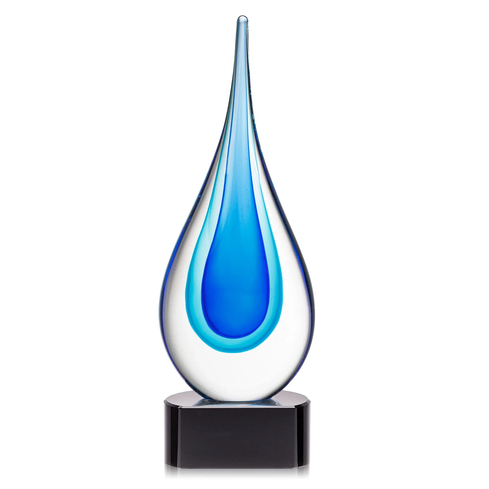 Personalized Clear Glass Teardrop Award With Blue Hues, Paragon Base for dealer and partner awards